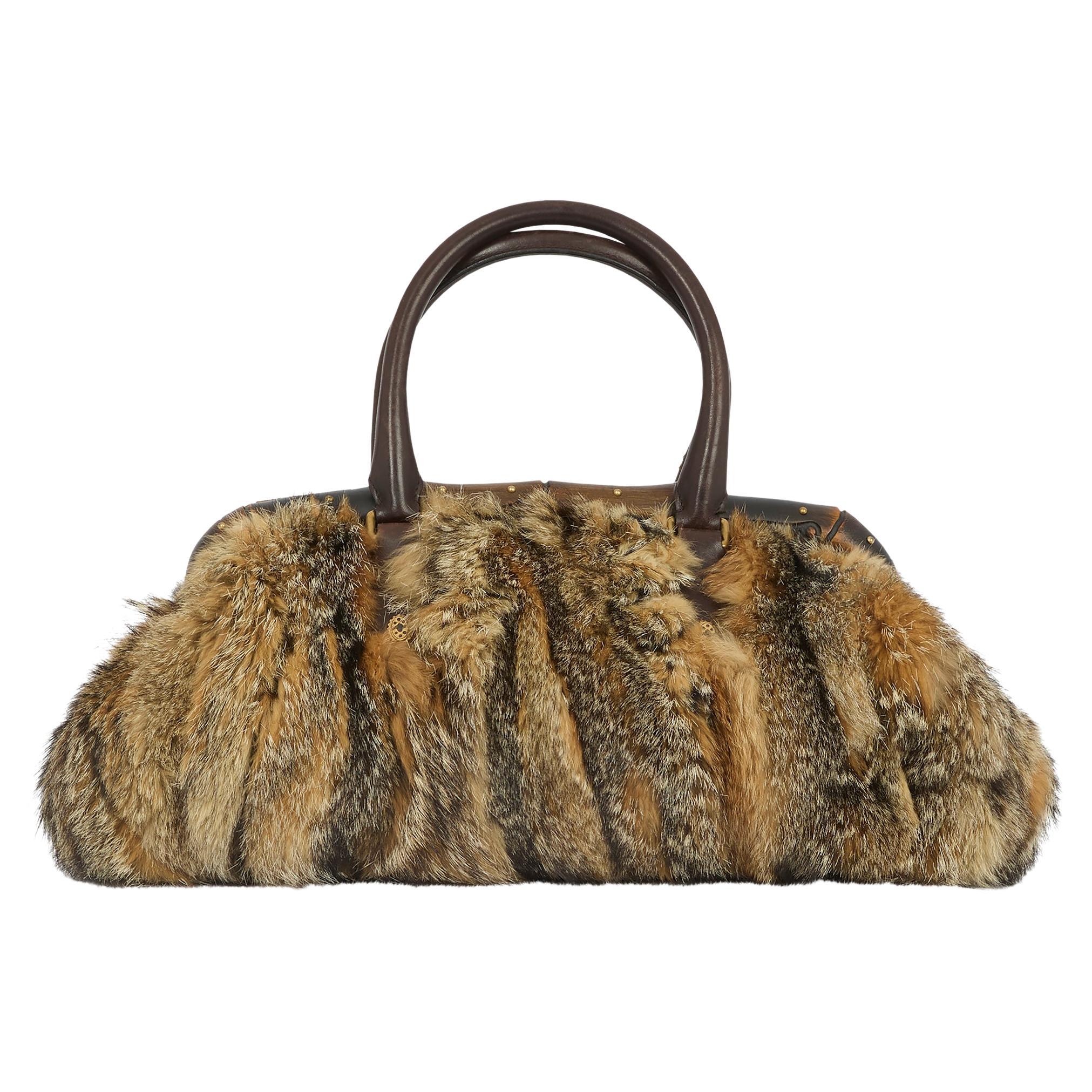 Vintage Gucci F&F Vintage 2003 Sac à main en bambou et fourrure de renard