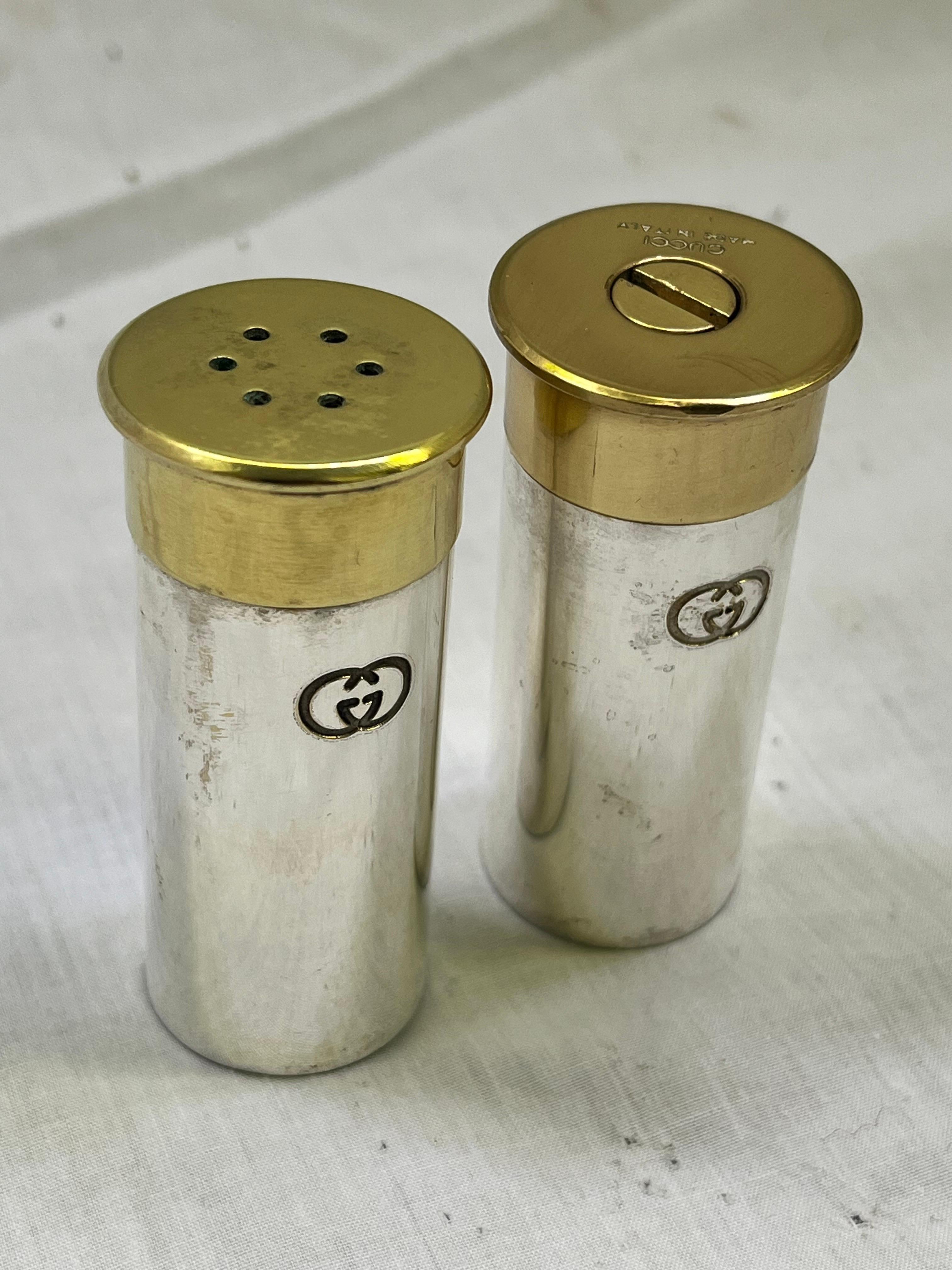 Italian Vintage Gucci Faux Shotgun Shell Salt and Pepper Shaker Set Made Italy Double G For Sale