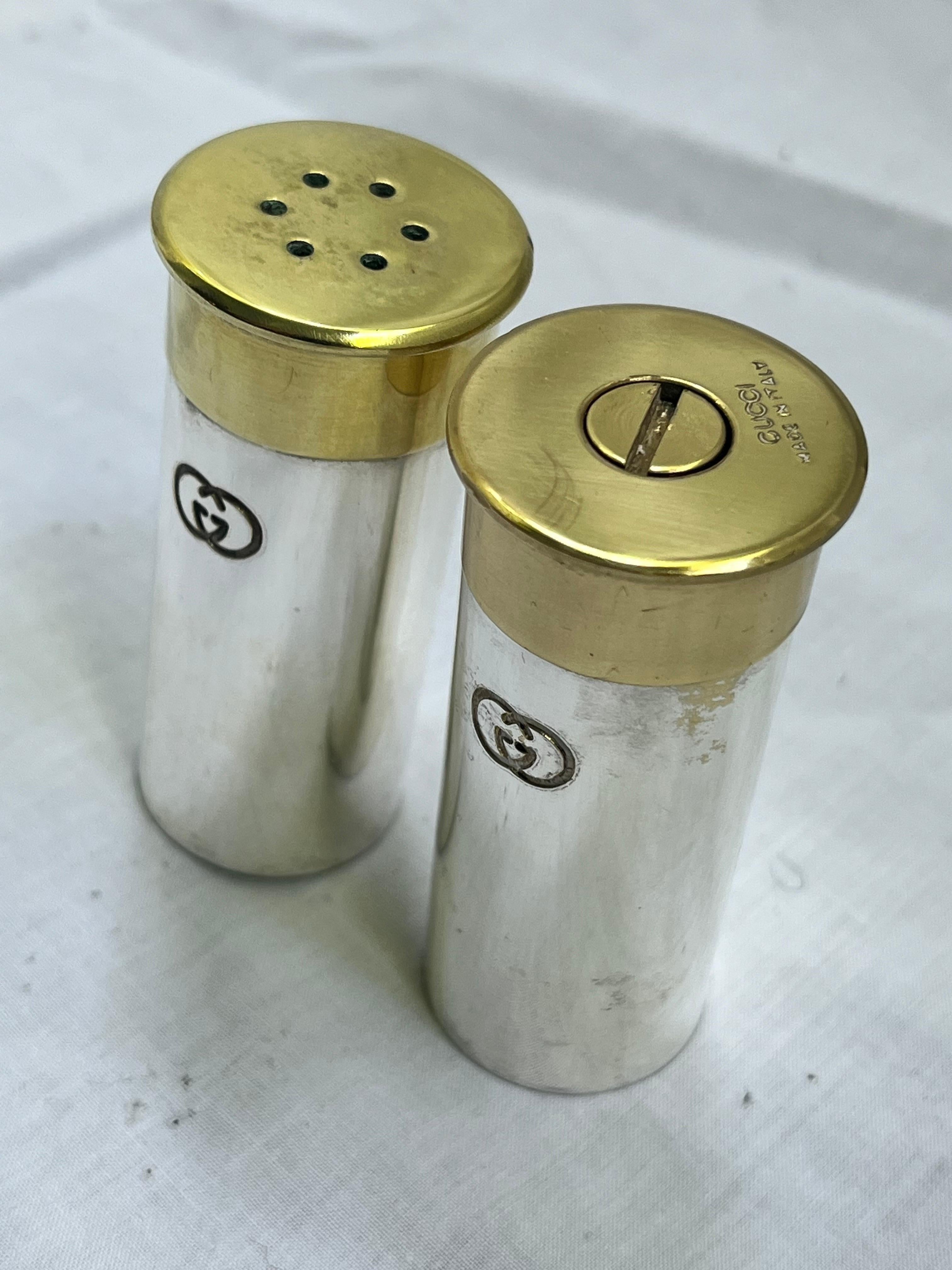 Vintage Gucci Faux Shotgun Shell Salt and Pepper Shaker Set Made Italy Double G In Good Condition For Sale In Atlanta, GA