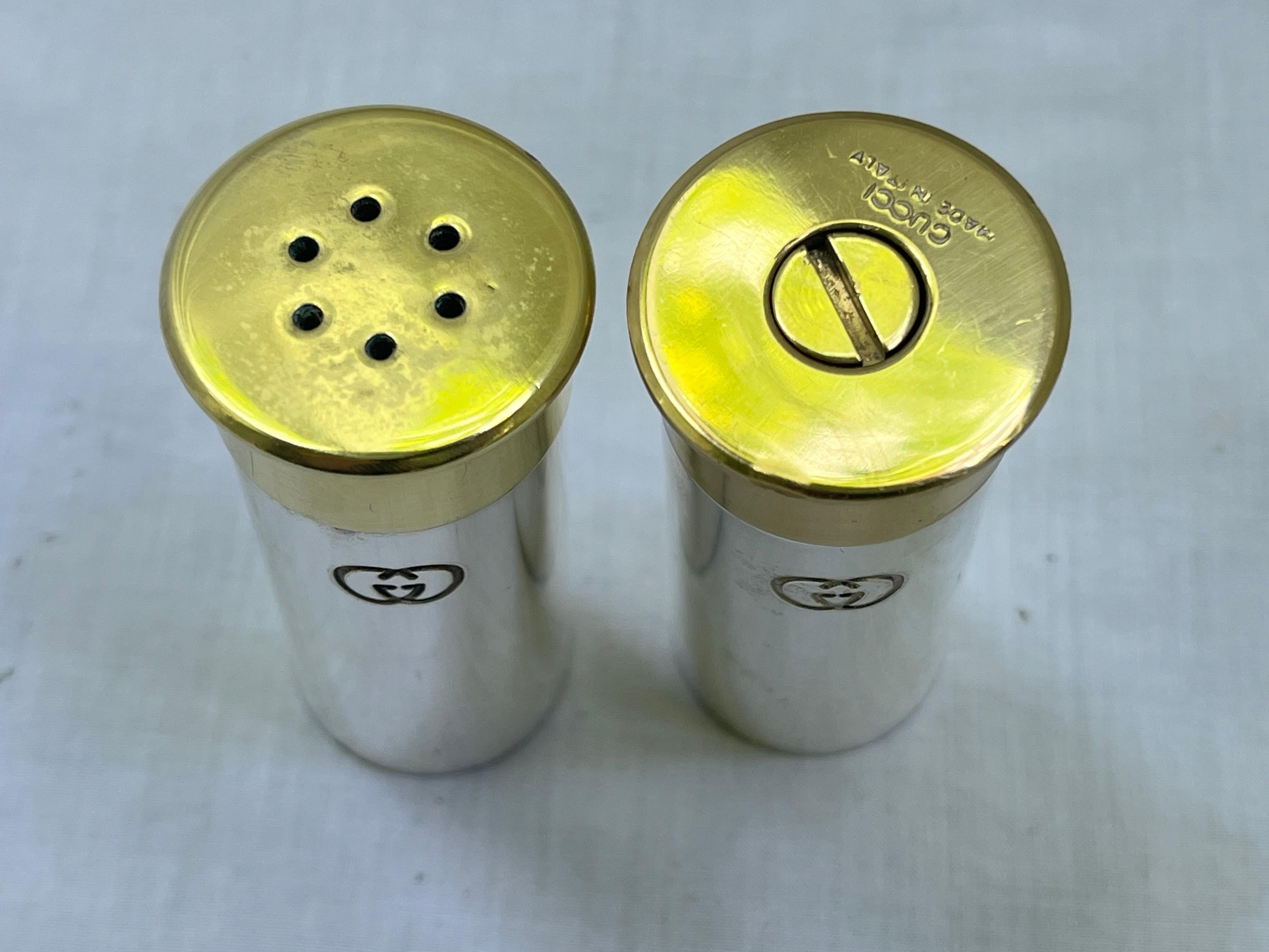 20th Century Vintage Gucci Faux Shotgun Shell Salt and Pepper Shaker Set Made Italy Double G For Sale