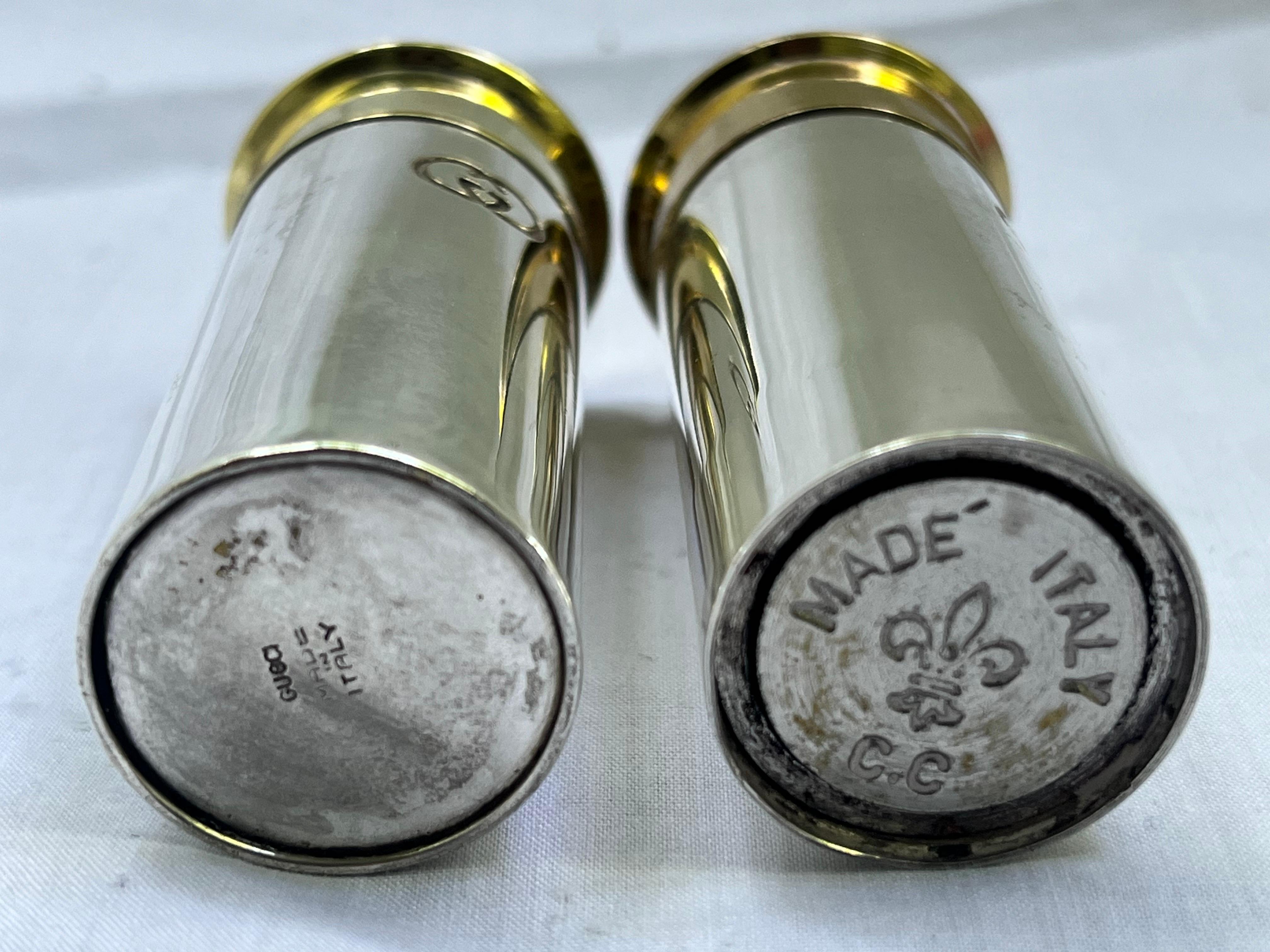 Metal Vintage Gucci Faux Shotgun Shell Salt and Pepper Shaker Set Made Italy Double G For Sale