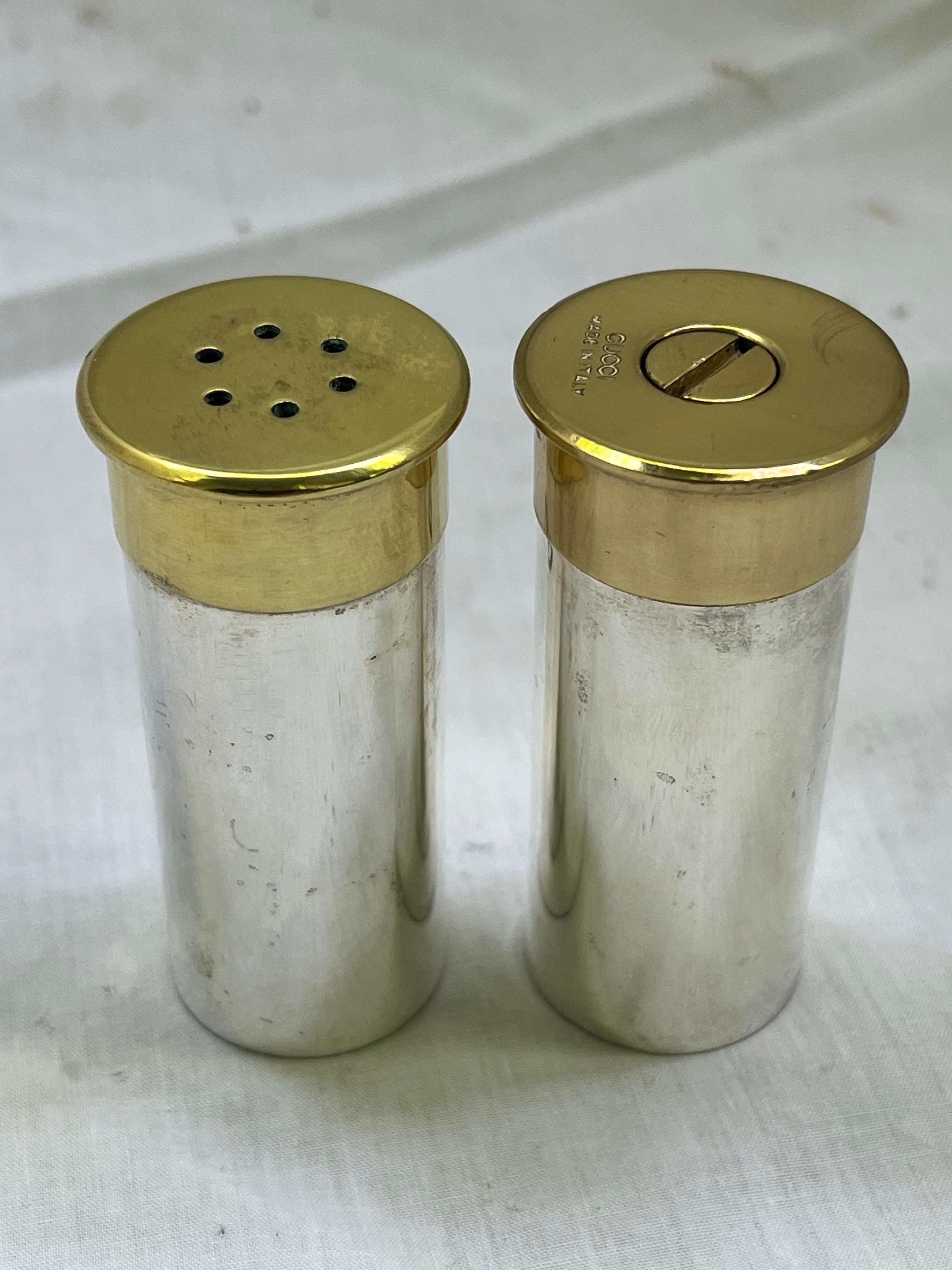 20th Century Vintage Gucci Faux Shotgun Shell Salt and Pepper Shaker Set Made Italy Double G