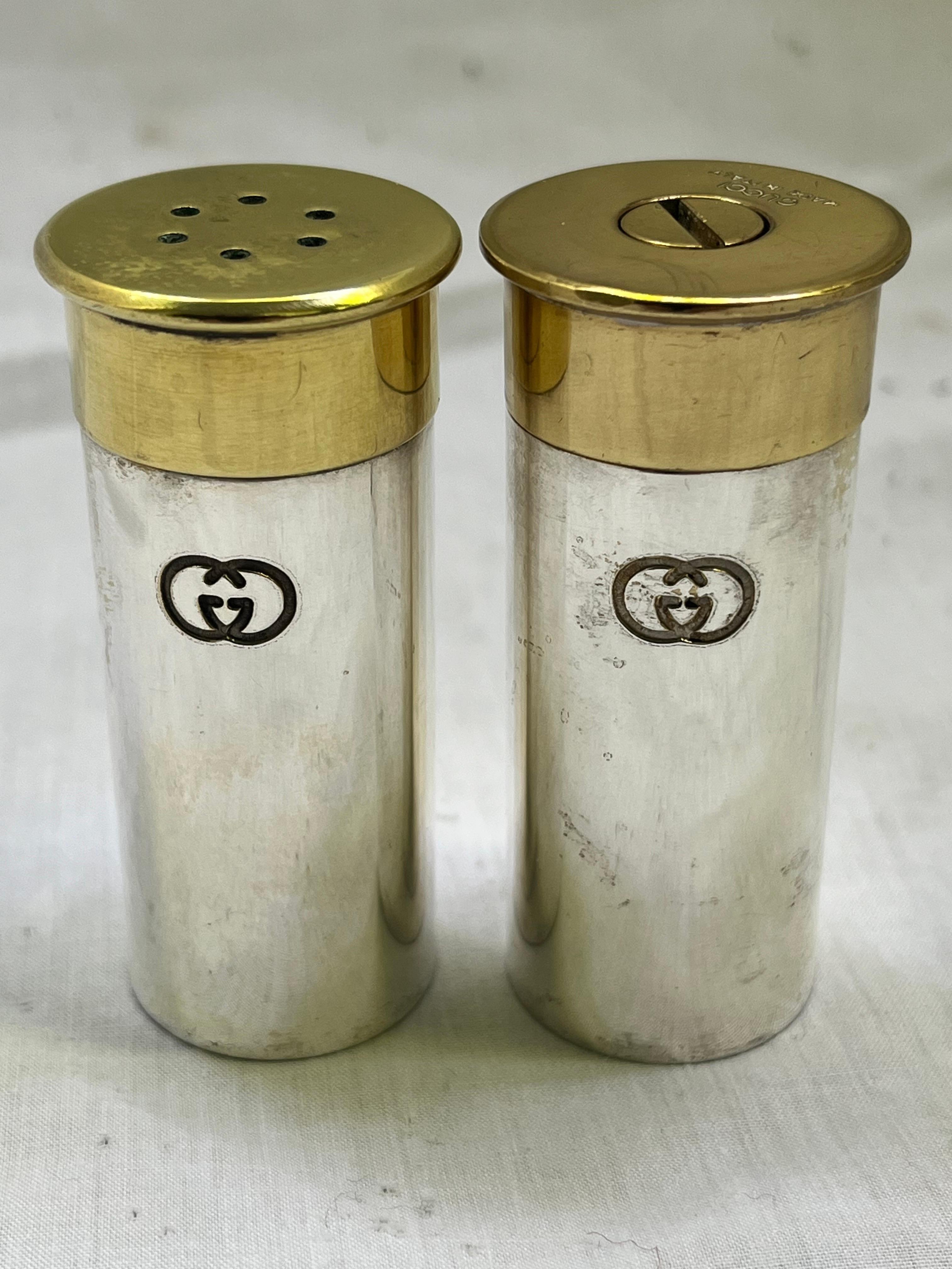 Metal Vintage Gucci Faux Shotgun Shell Salt and Pepper Shaker Set Made Italy Double G