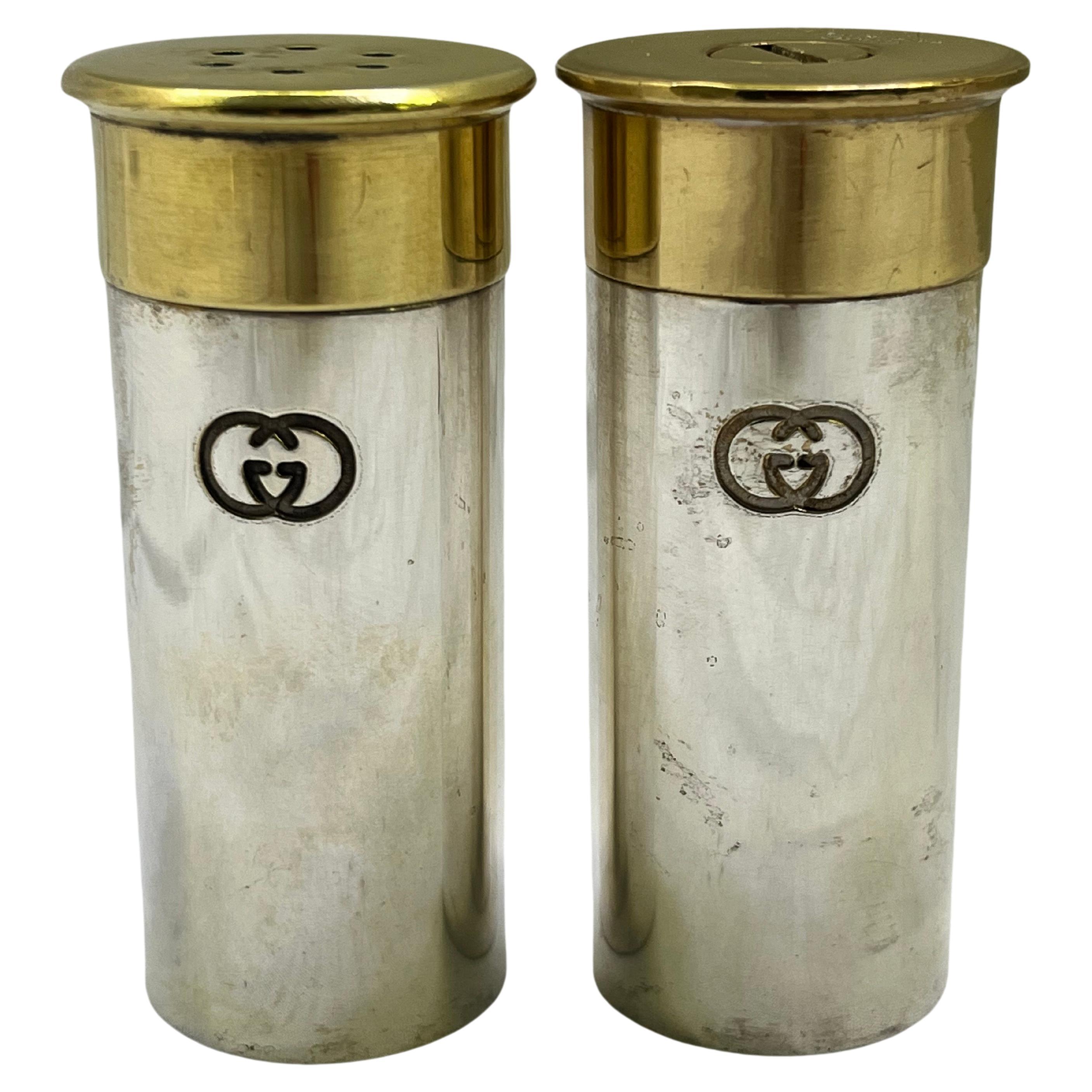Vintage Gucci Faux Shotgun Shell Salt and Pepper Shaker Set Made Italy Double G For Sale
