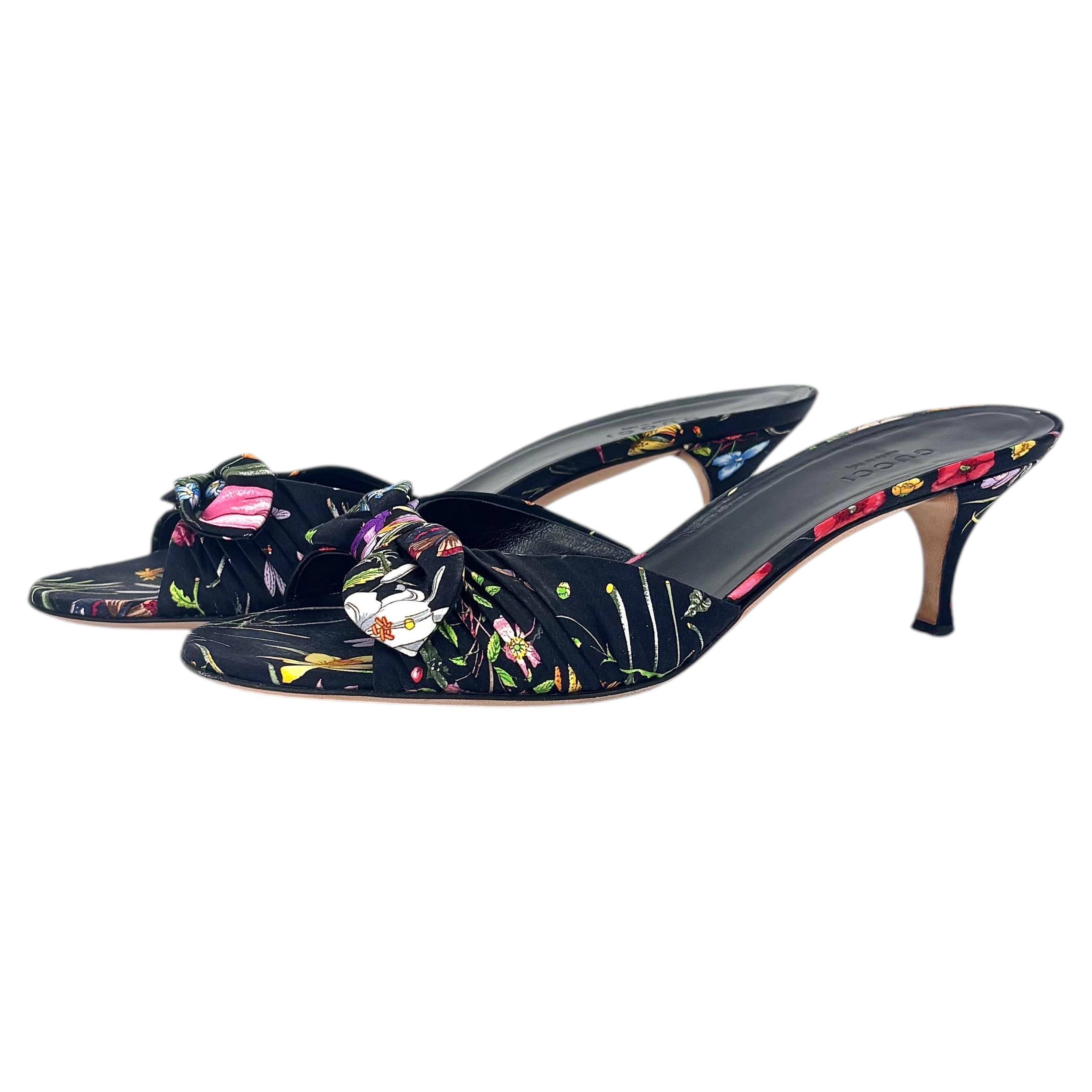 Pre-owned Gucci Vintage Flora Bow Slip On Kitten Heel Slip On Mules Sandals 7.5 In Black