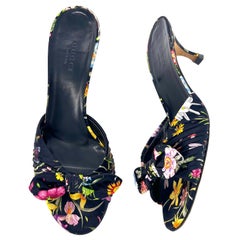 Vintage Gucci Flora Bow Slip On Kitten Heeled Mules Sandals 36.5