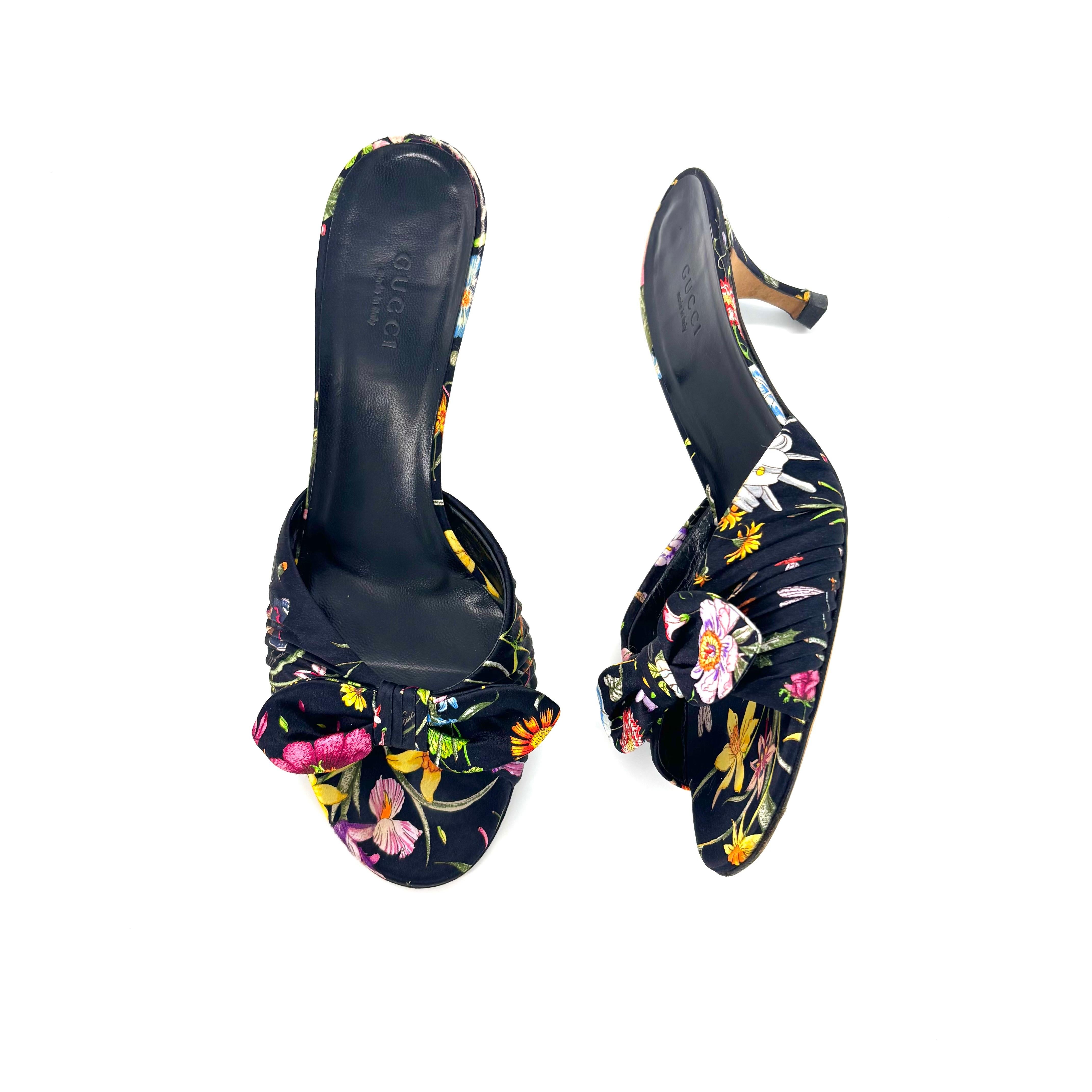 Vintage Gucci Flora Bow Slip On Kitten Heeled Mules Sandals 36.5