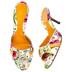 Vintage Gucci Flora Horsebit Slip On Kitten Heel Mules Sandals 6.5