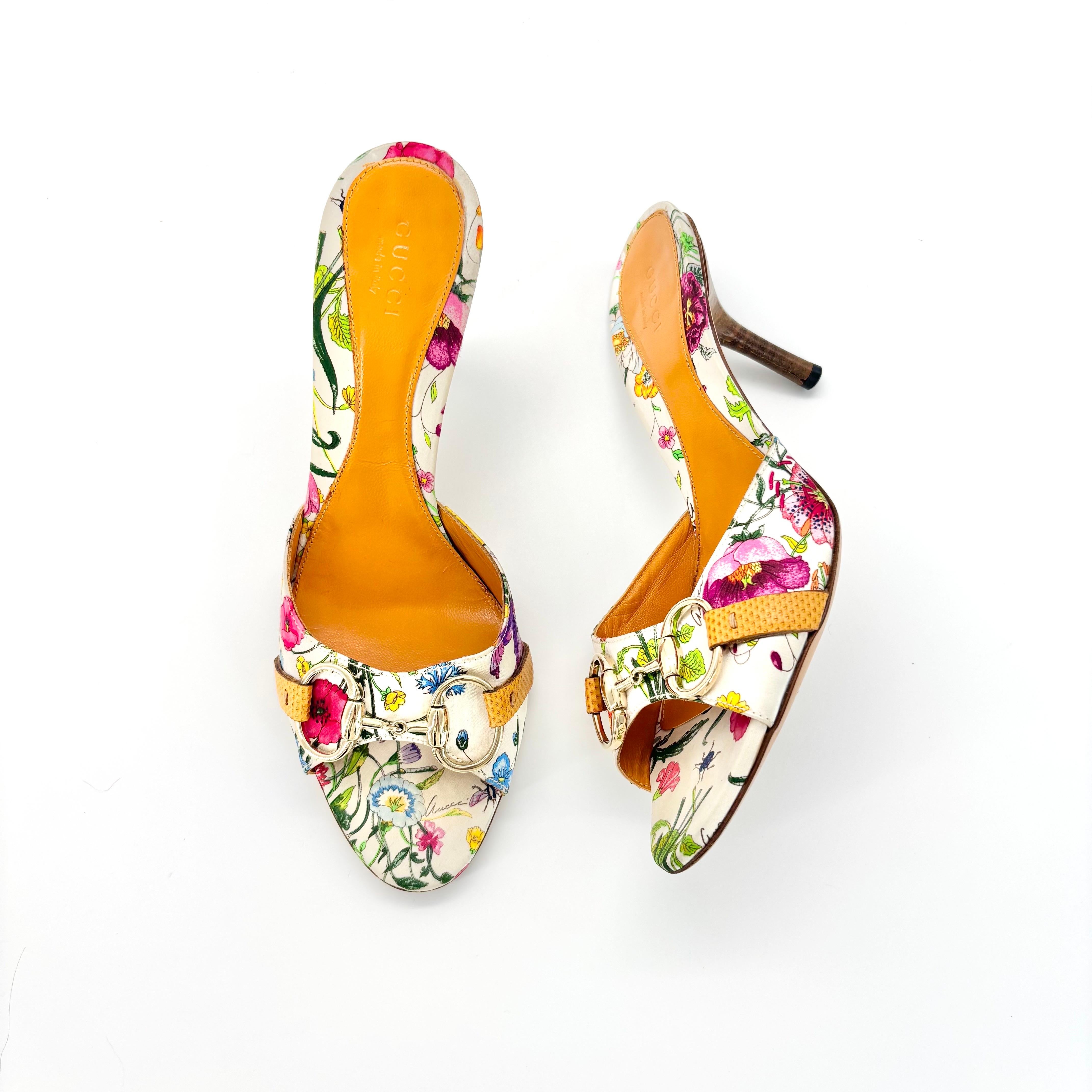 Vintage Gucci Flora Horsebit Slip On Kitten Heel Mules Sandals 6.5
