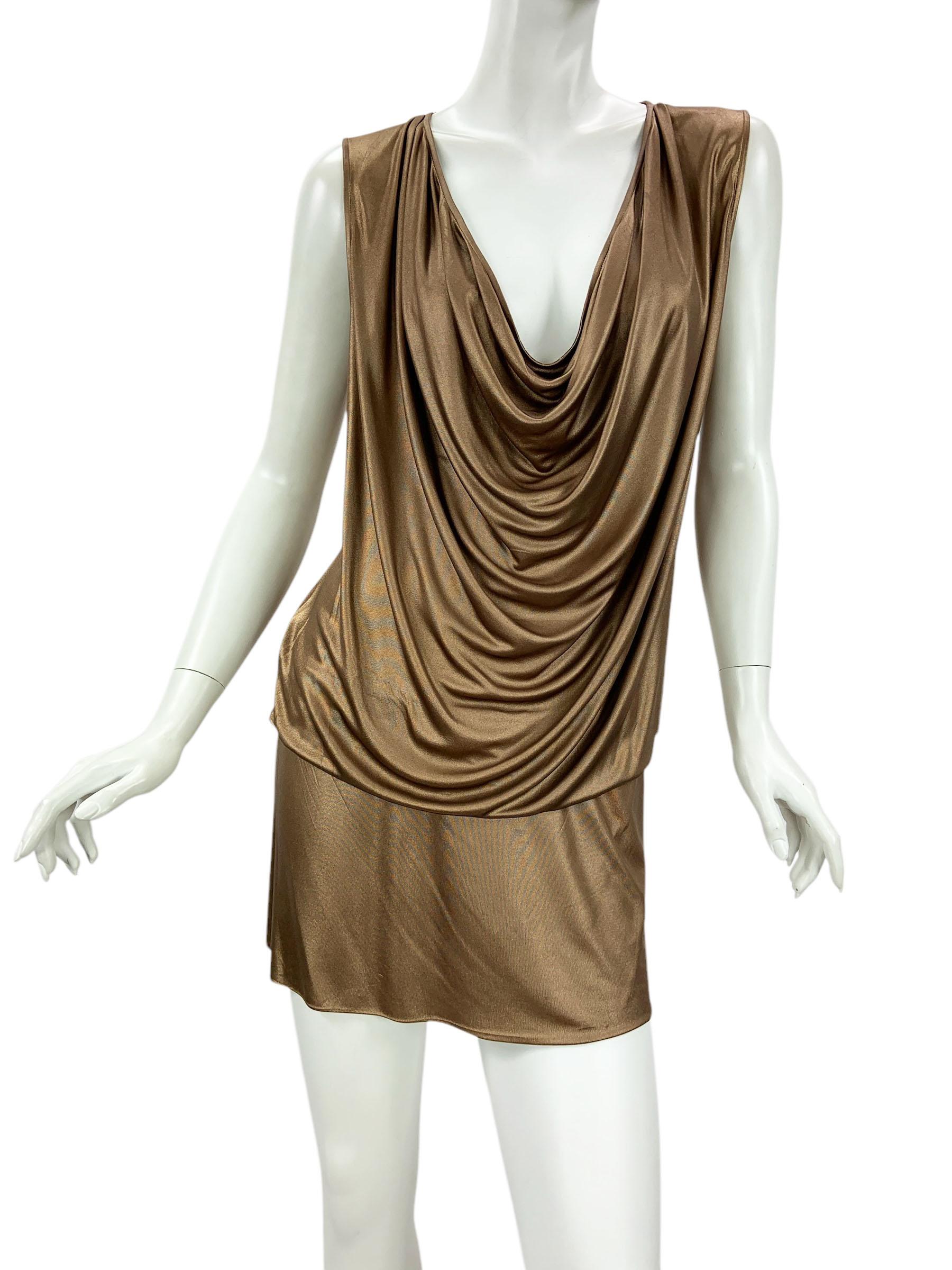 Marrone Gucci Vintage FW 2006 Runway Metallic Gold Bronze Stretch Mini Plunging Dress M in vendita