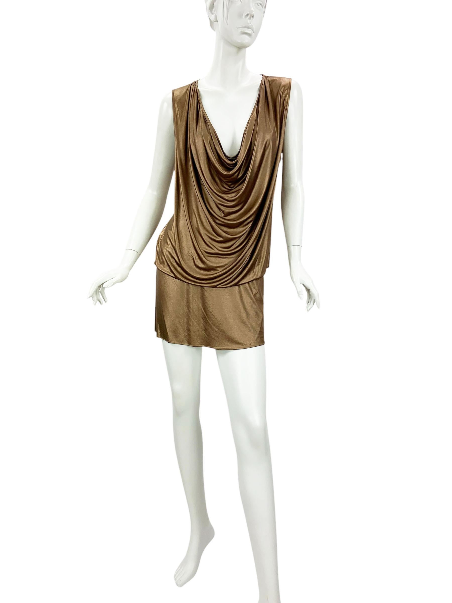 Gucci Vintage FW 2006 Runway Metallic Gold Bronze Stretch Mini Plunging Dress M In condizioni ottime in vendita a Montgomery, TX