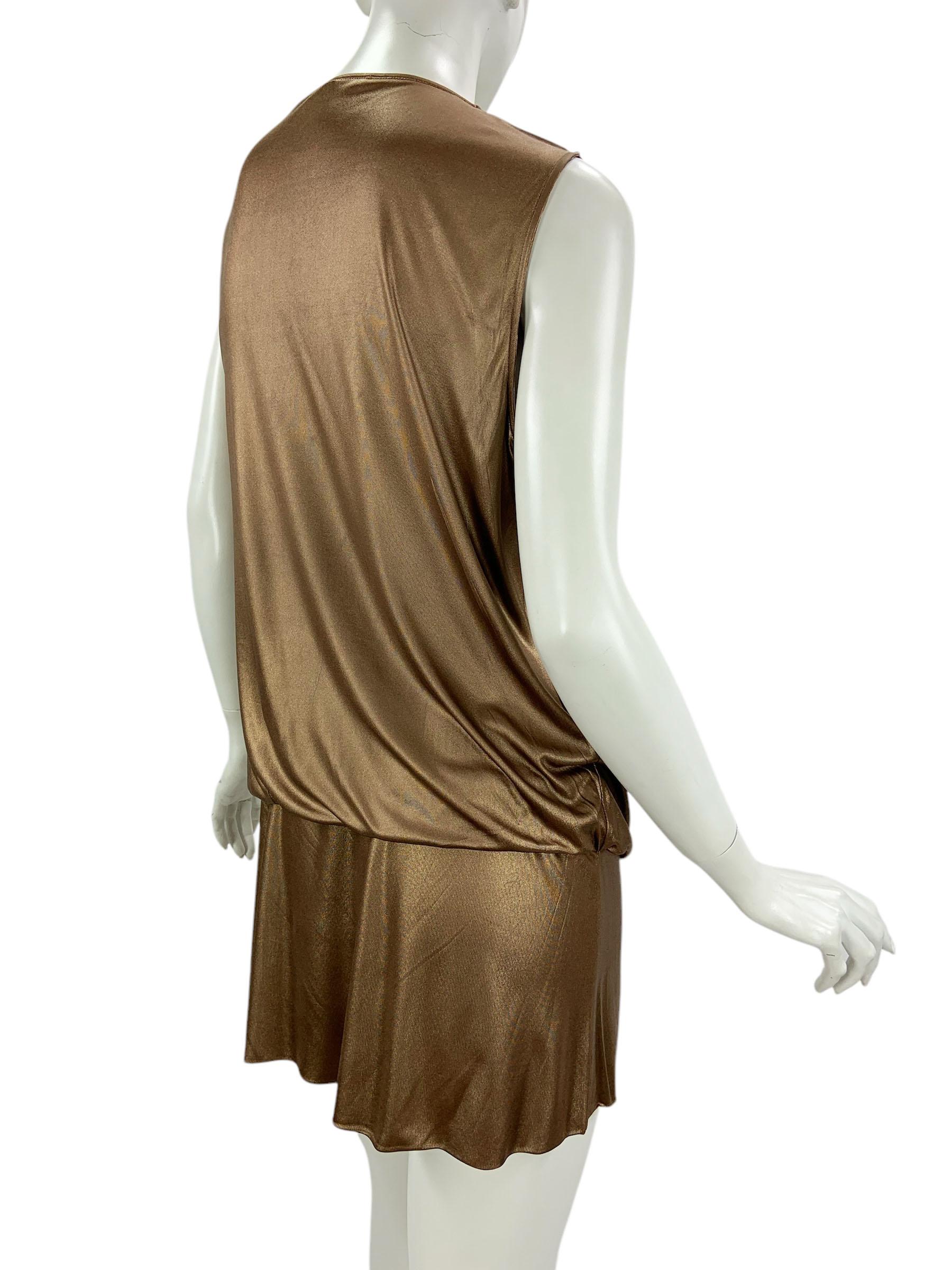 Gucci Vintage FW 2006 Runway Metallic Gold Bronze Stretch Mini Plunging Dress M in vendita 1