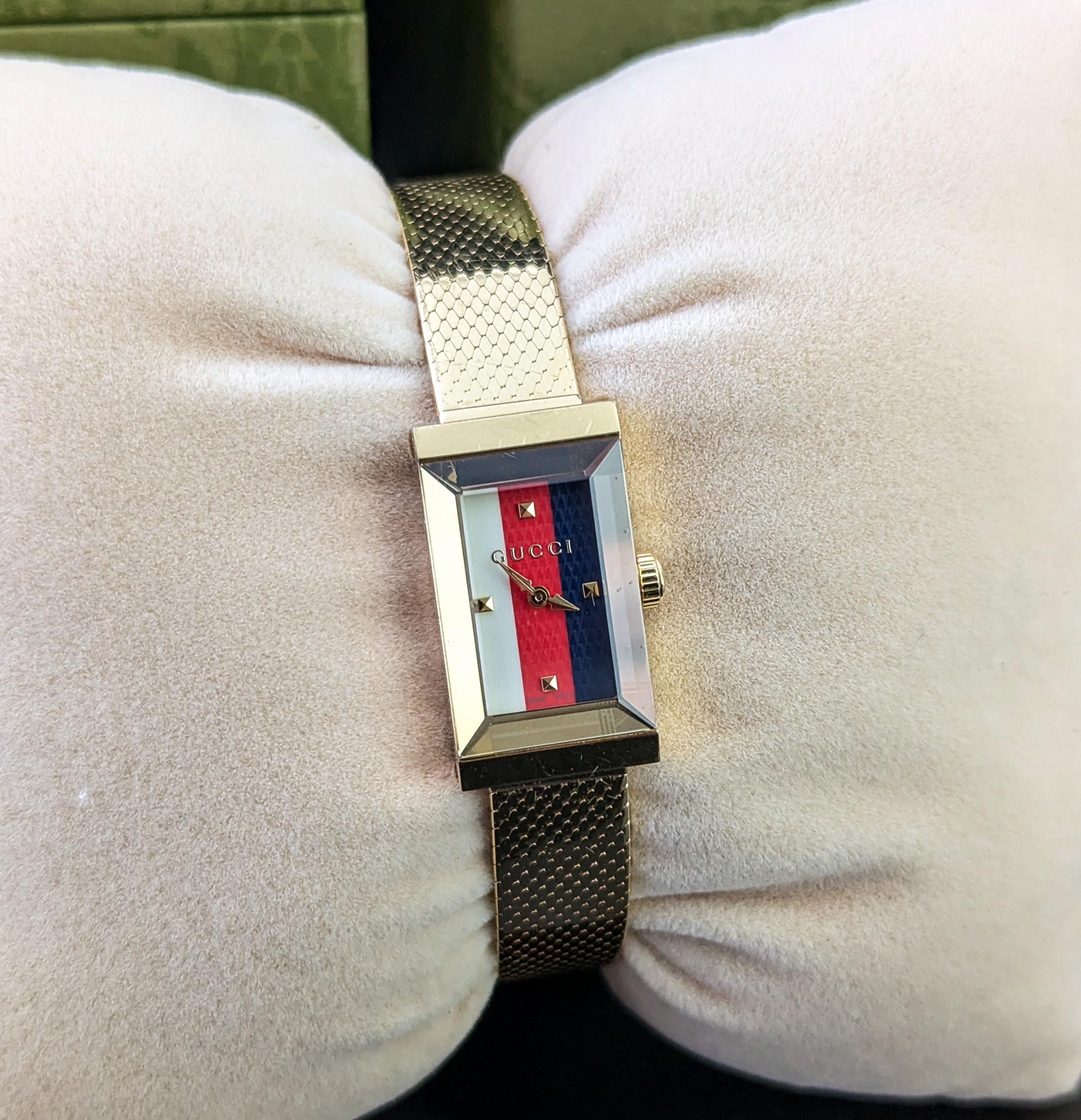 Vintage Gucci G frame wristwatch, gold plated, Boxed For Sale at