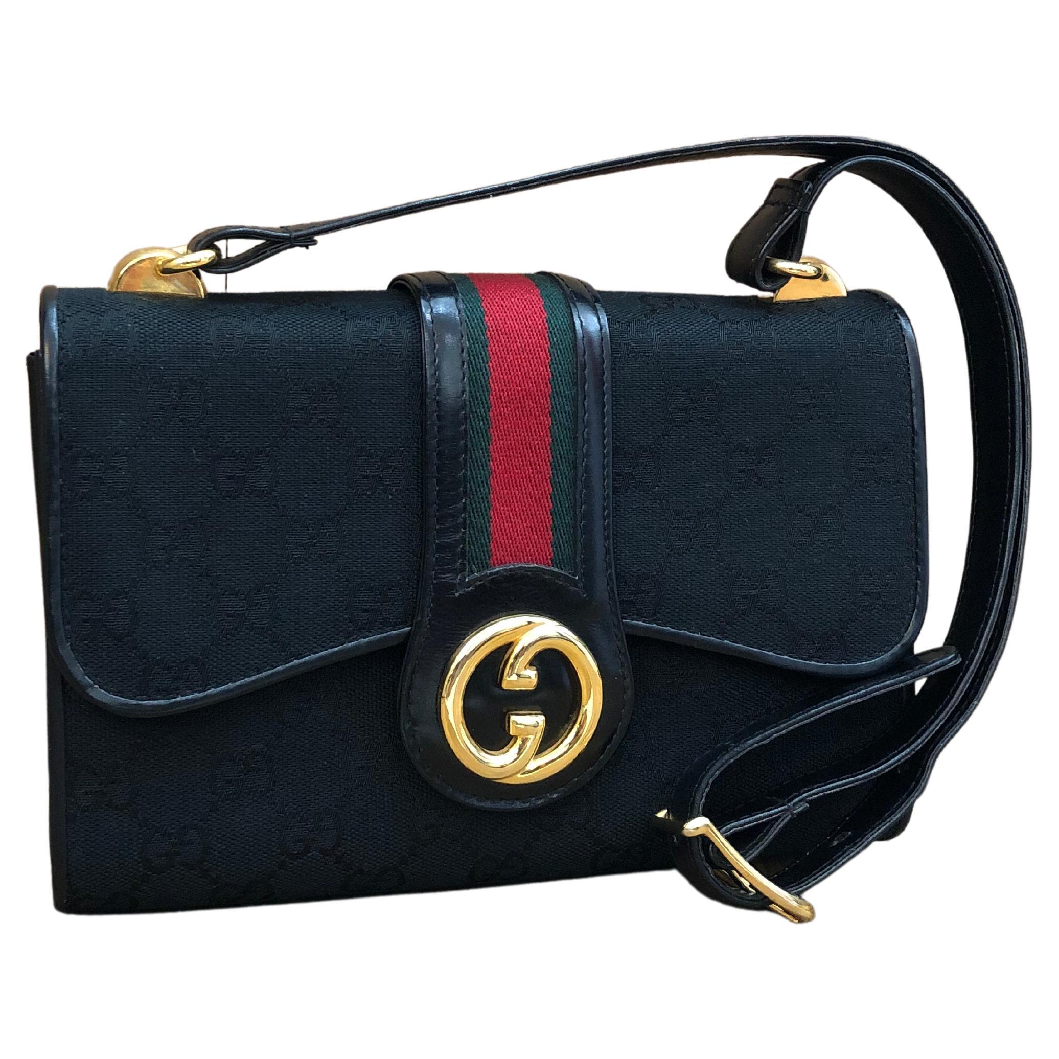 Vintage GUCCI GG Monogram Jacquard  Shoulder Crossbody Bag Black