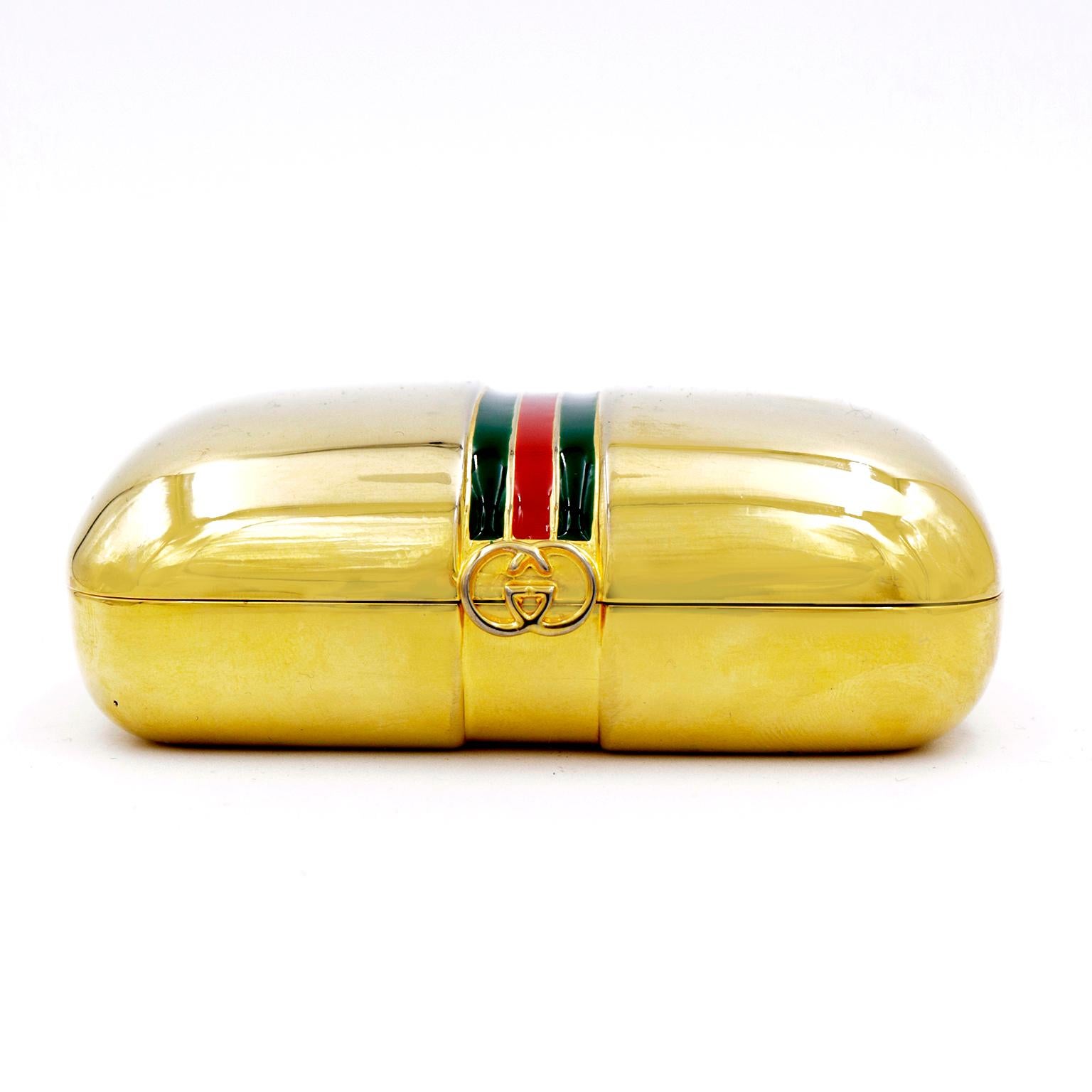 Vintage Gucci Gold Plated Trinket Case With Red & Green Stripe In Excellent Condition For Sale In Portland, OR
