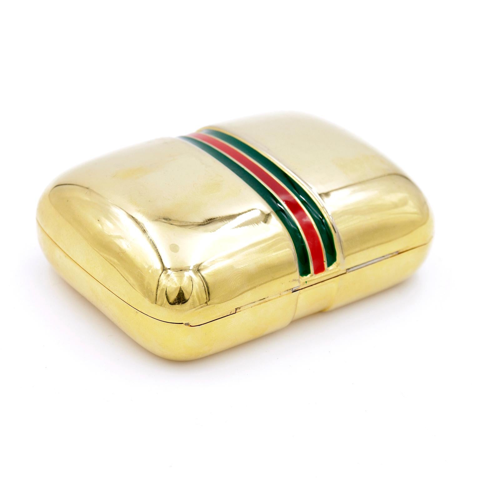 Women's or Men's Vintage Gucci Gold Plated Trinket Case With Red & Green Stripe For Sale