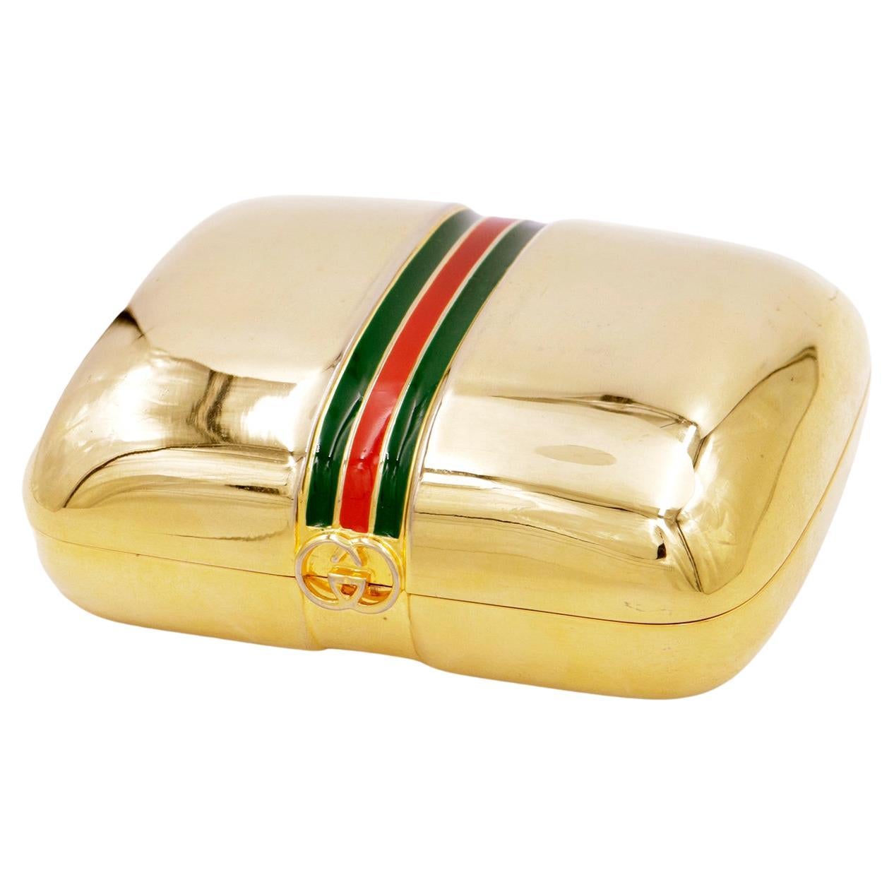 Vintage Gucci Gold Plated Trinket Case With Red & Green Stripe For Sale