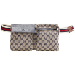 vintage GUCCI grey navy GG monogram canvas navy leather flap zip dual waist bag