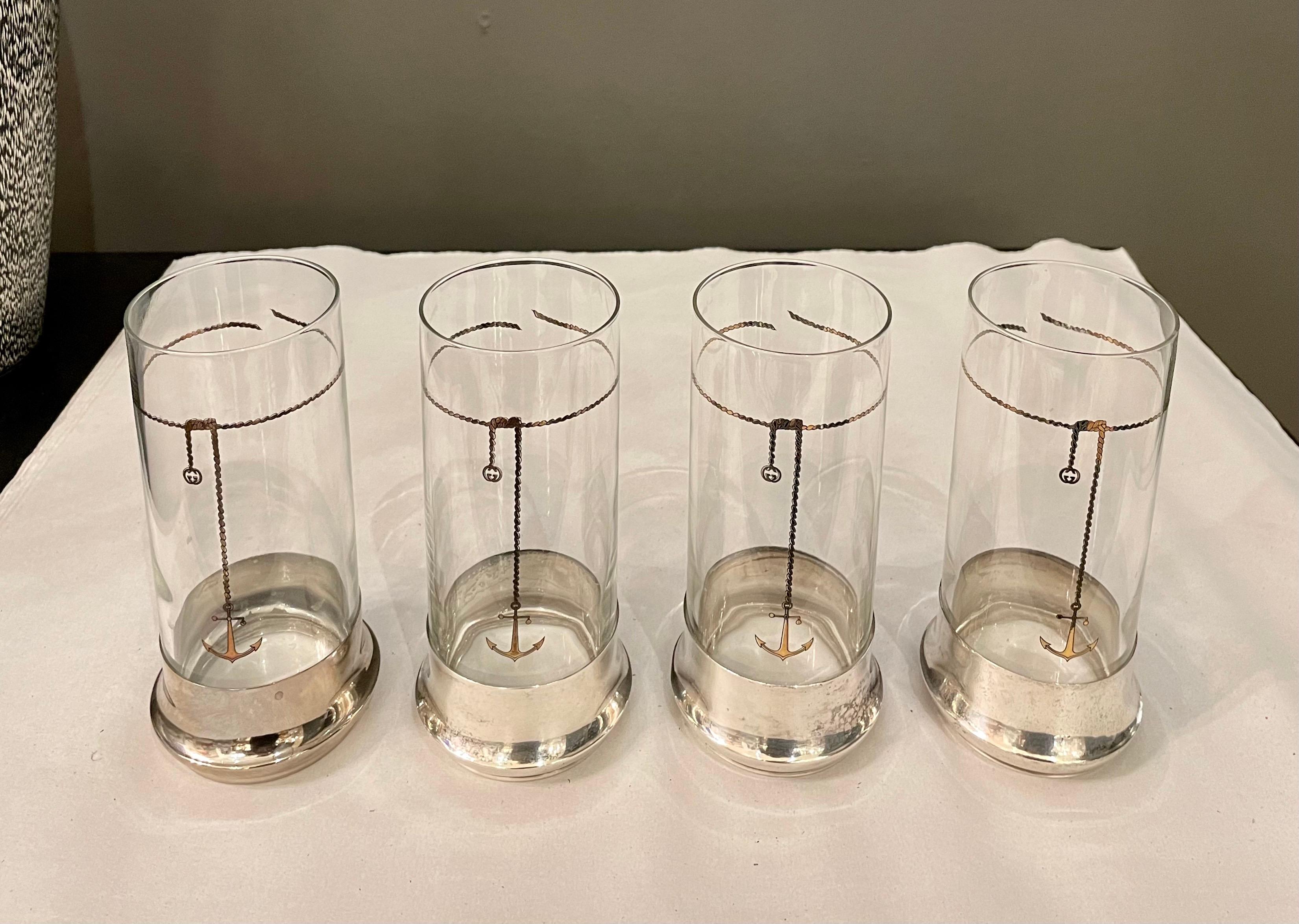 Vintage Gucci Highball Glassware w/ Silver Plate Bases, Set of Four '4' For Sale 4