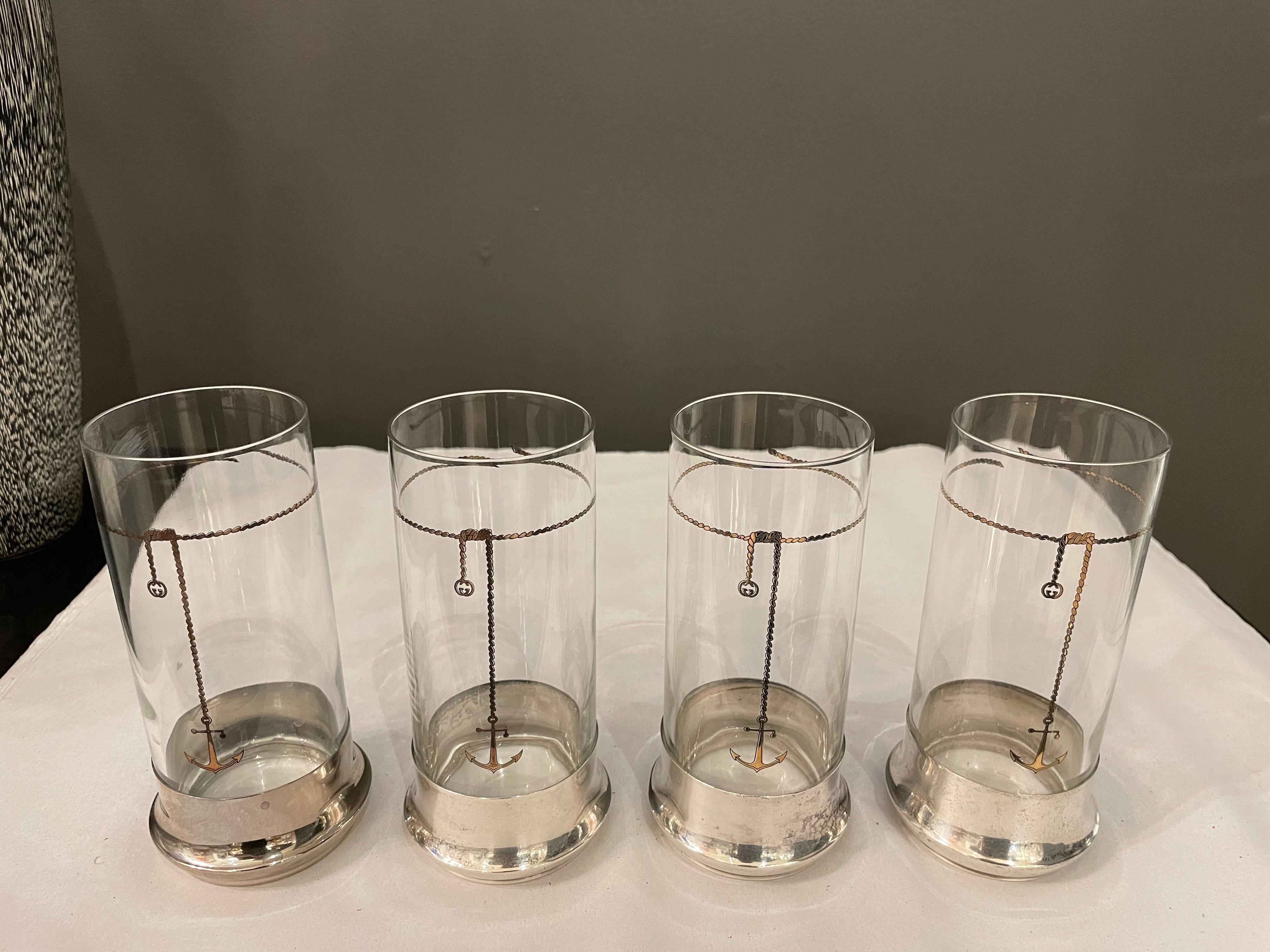 Vintage Gucci Highball Glassware w/ Silver Plate Bases, Set of Four '4' For Sale 5