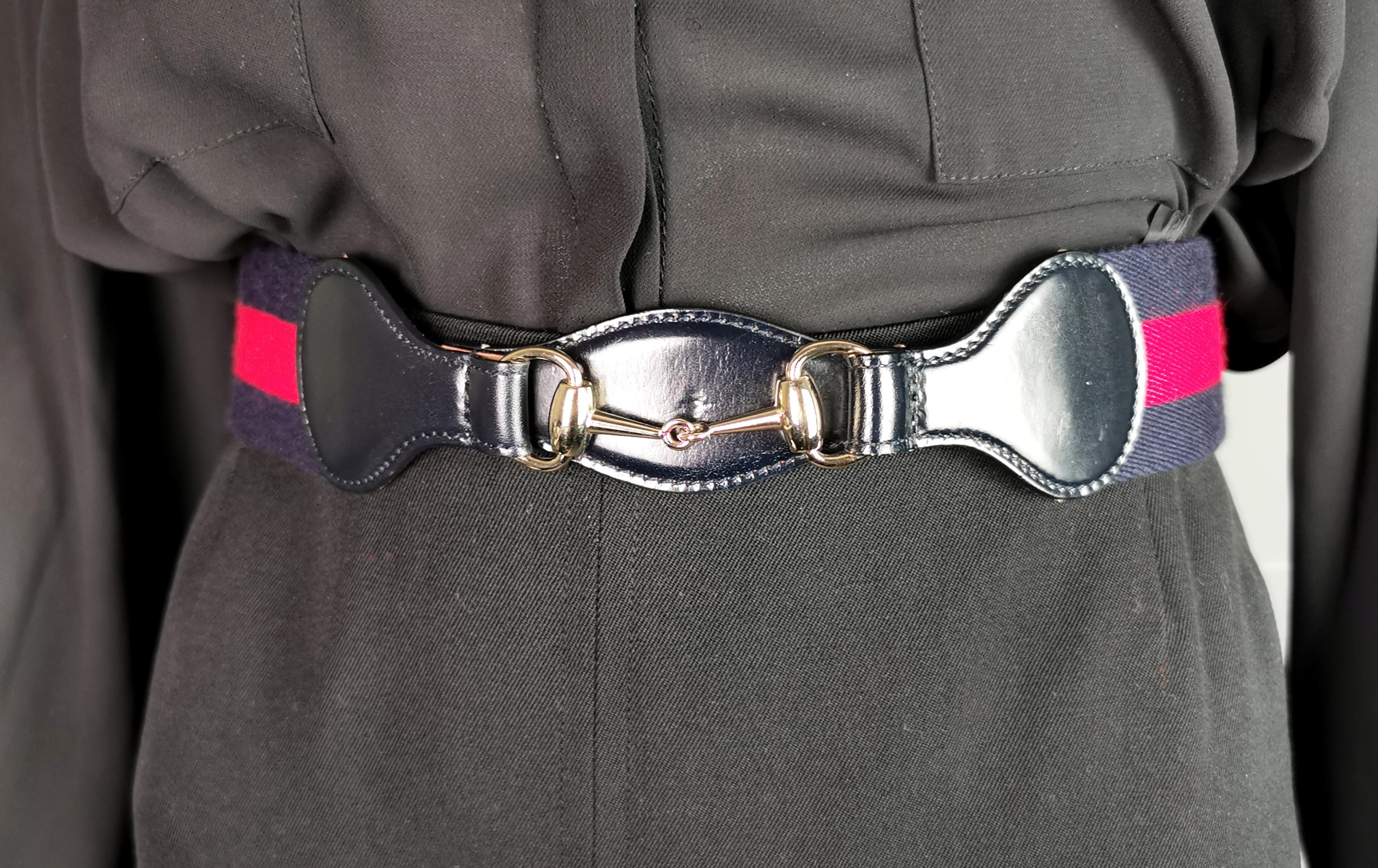 Vintage Gucci Horsebit belt, navy leather and stripe canvas  For Sale 7
