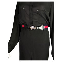 Retro Gucci Horsebit belt, navy leather and stripe canvas 