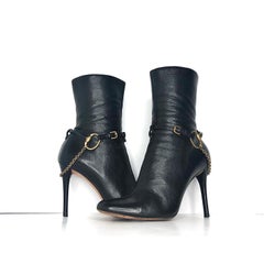 Vintage Gucci Horsebit Chain Harness Black Leather Ankle High Heeled Boots 36.5