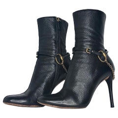 Vintage Gucci Horsebit Chain Harness Black Leather Ankle High Heeled Boots 36.5