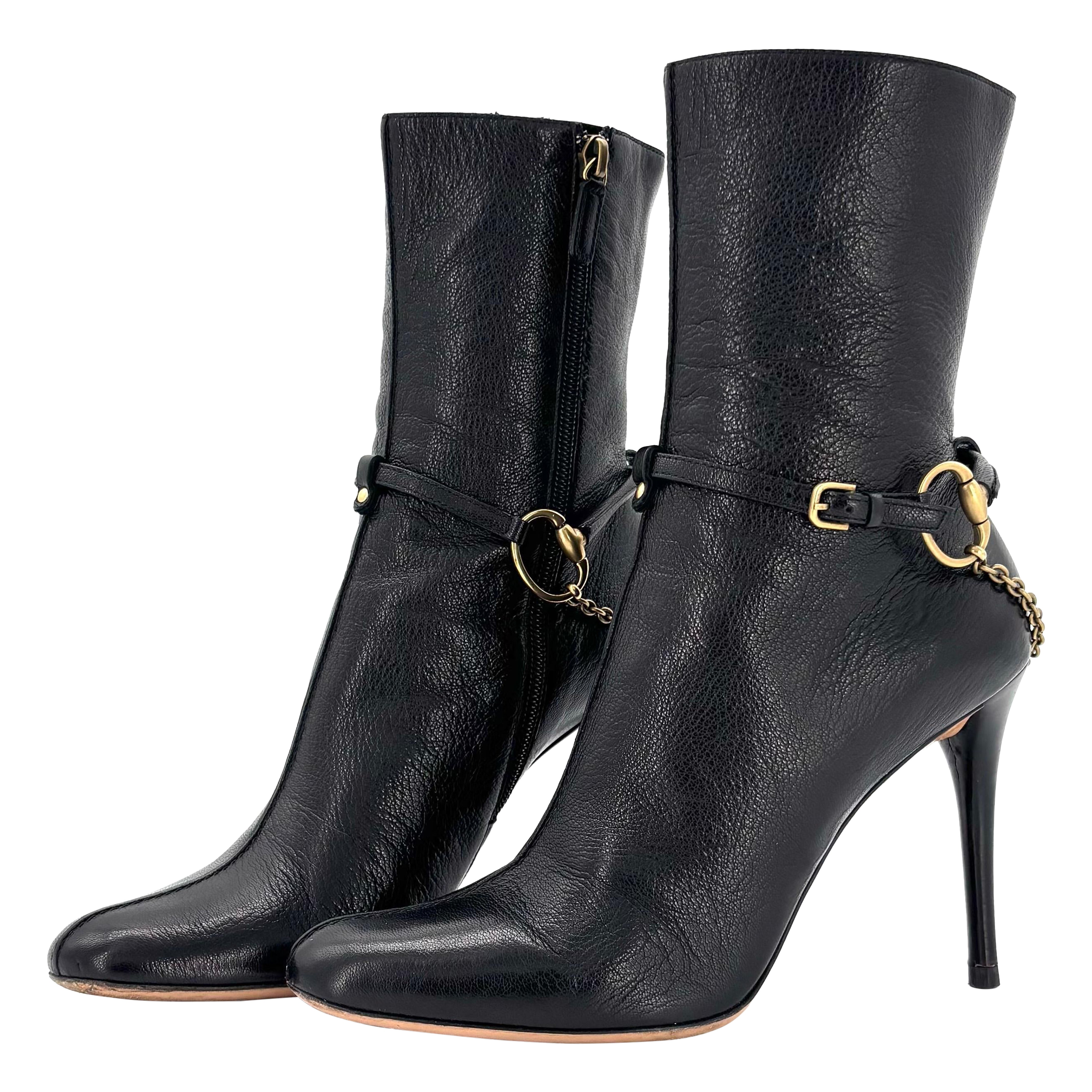 Vintage Gucci Horsebit Chain Harness Black Leather Ankle High Heeled Boots 39.5