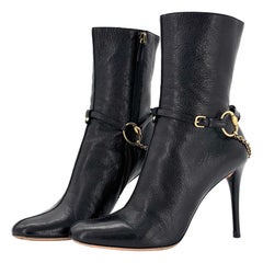 Vintage Gucci Horsebit Cadena Arnés Negro Cuero Tobillo Botas de tacón alto 39.5
