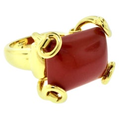 Vintage Gucci Horsebit Natural Red Coral Large Yellow Gold Ring