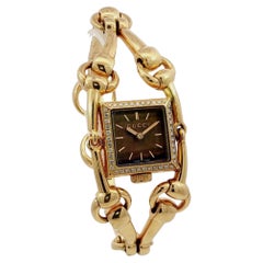 Vintage Gucci Horsebit 'Signoria' Diamond Bezel Tigers Eye 18K Gold Watch 1980