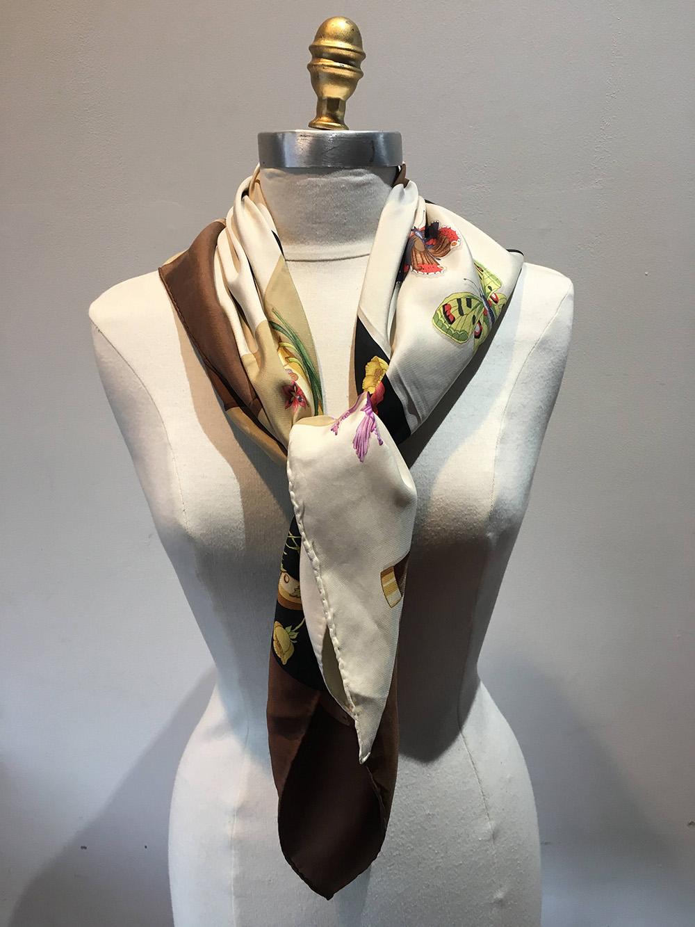 Beige Vintage Gucci Iconic Logo Floral Butterfly Print Silk Scarf