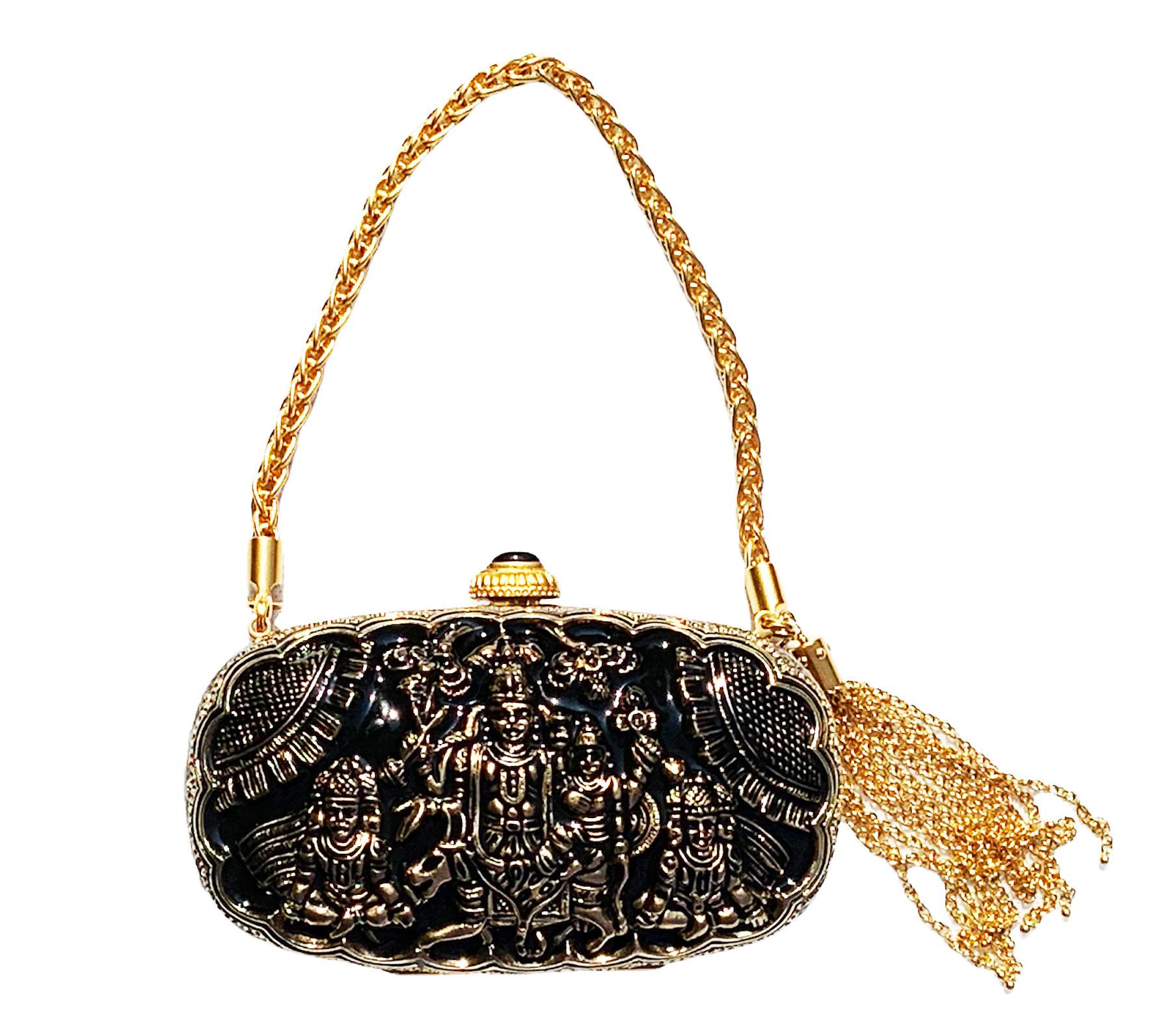 Vintage Gucci Indian Hindu Deities Metal Enamel Gold Black Clutch Minaudiere 4