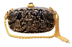 Vintage Gucci Indian Hindu Deities Metal Enamel Gold Black Clutch Minaudiere