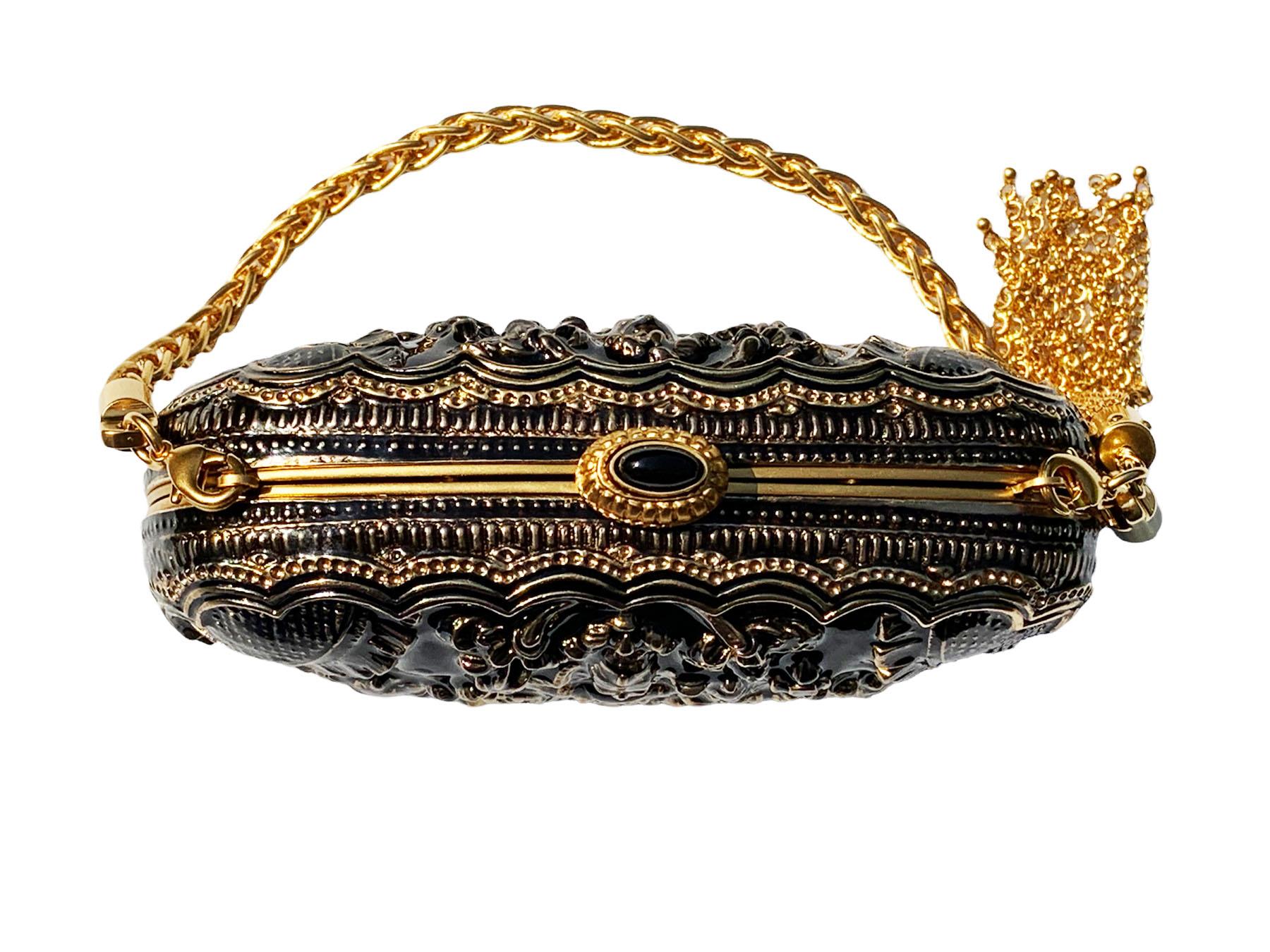 Women's Vintage Gucci Indian Hindu Deities Metal Enamel Gold Black Clutch Minaudiere