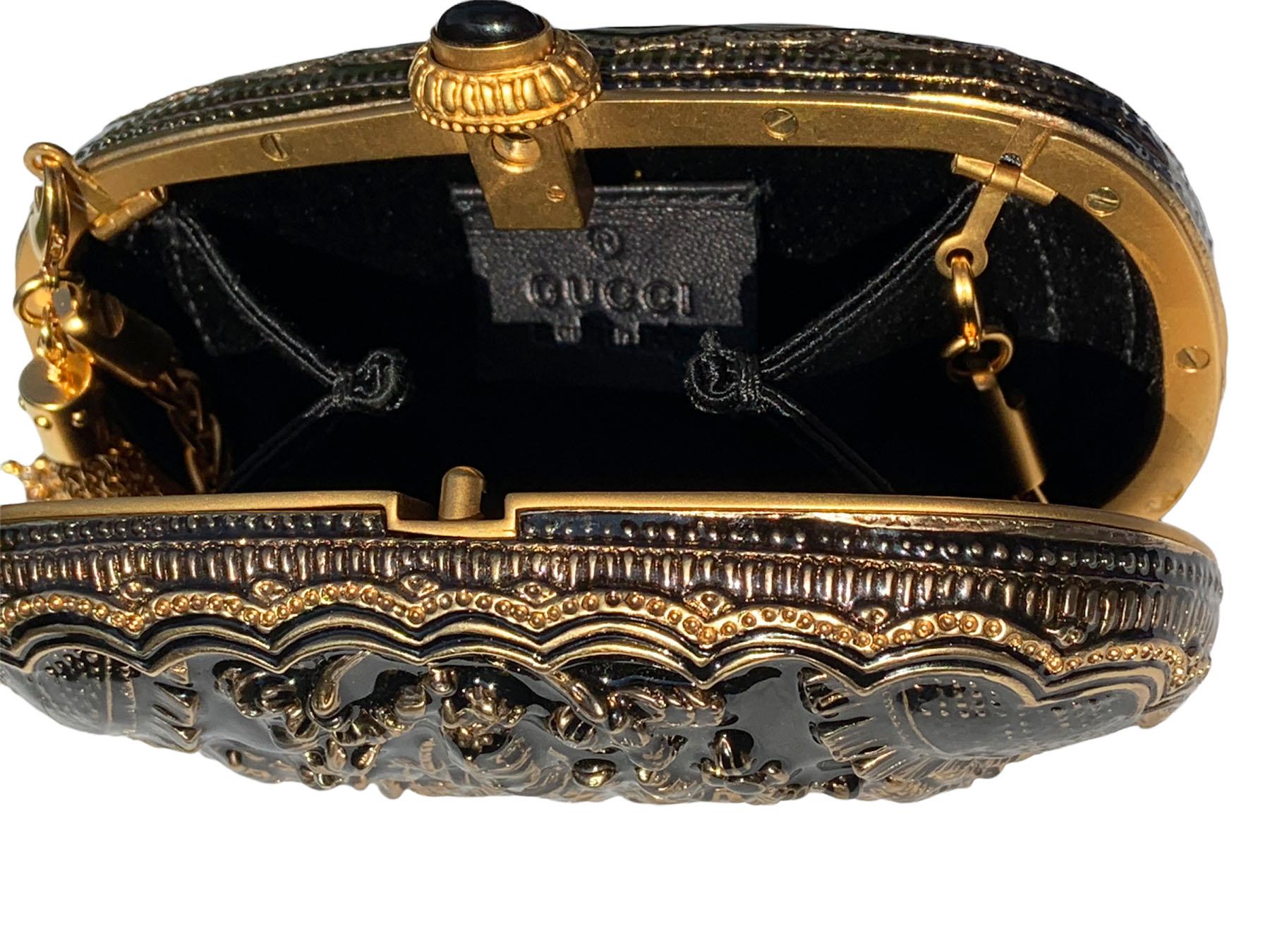 Vintage Gucci Indian Hindu Deities Metal Enamel Gold Black Clutch Minaudiere 2