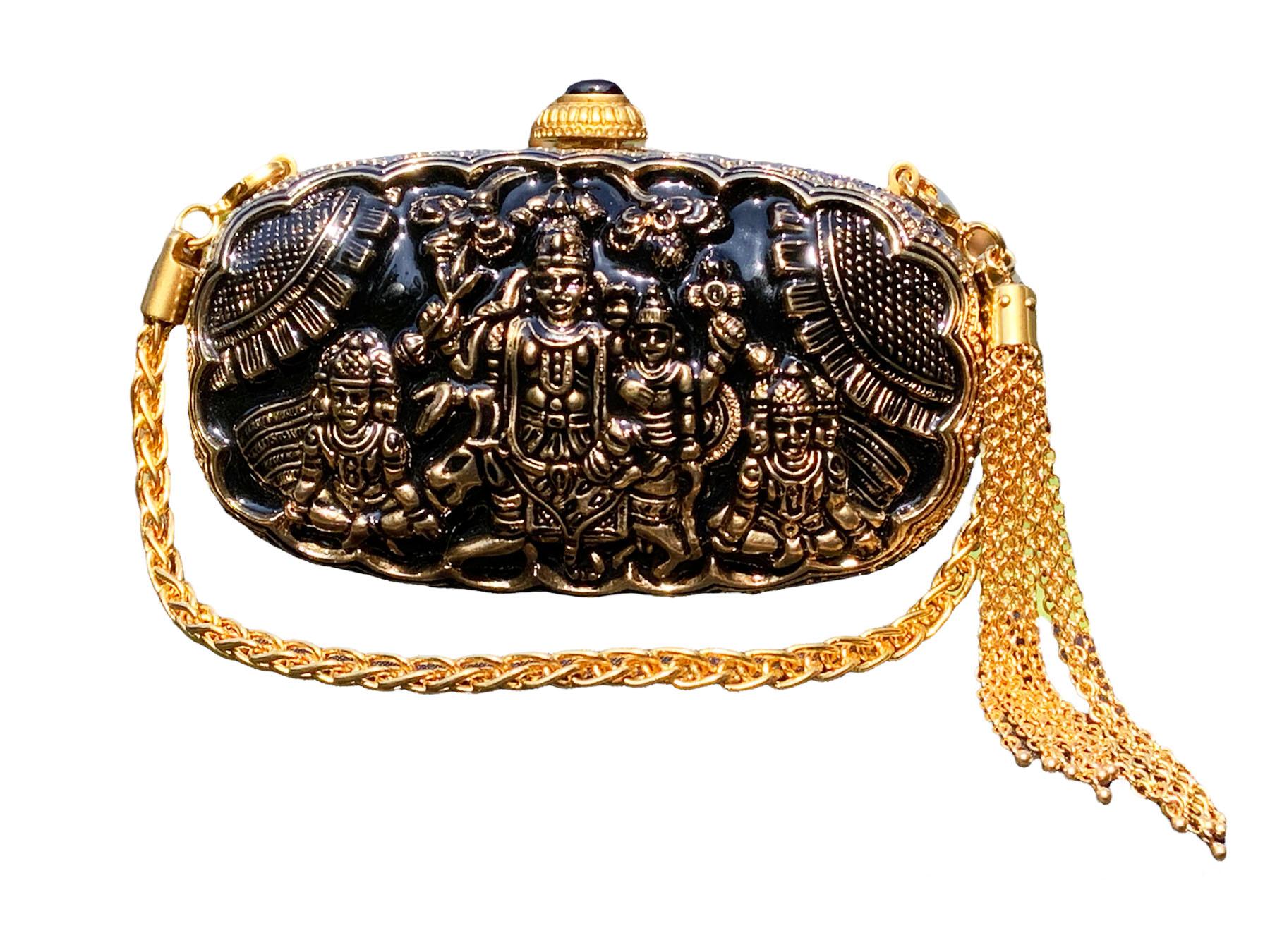 Vintage Gucci Indian Hindu Deities Metal Enamel Gold Black Clutch Minaudiere 3