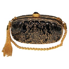 Vintage Gucci Indian Hindu Deities Metal Enamel Gold Black Clutch Minaudiere 