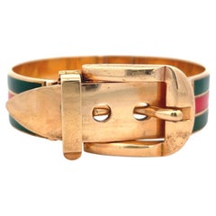 Vintage Gucci Italian 18 Karat Yellow Gold Green Red Enamel Belt Bracelet