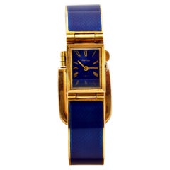 Vintage Gucci Italian Navy Blue 18k Yellow Gold Wristwatch