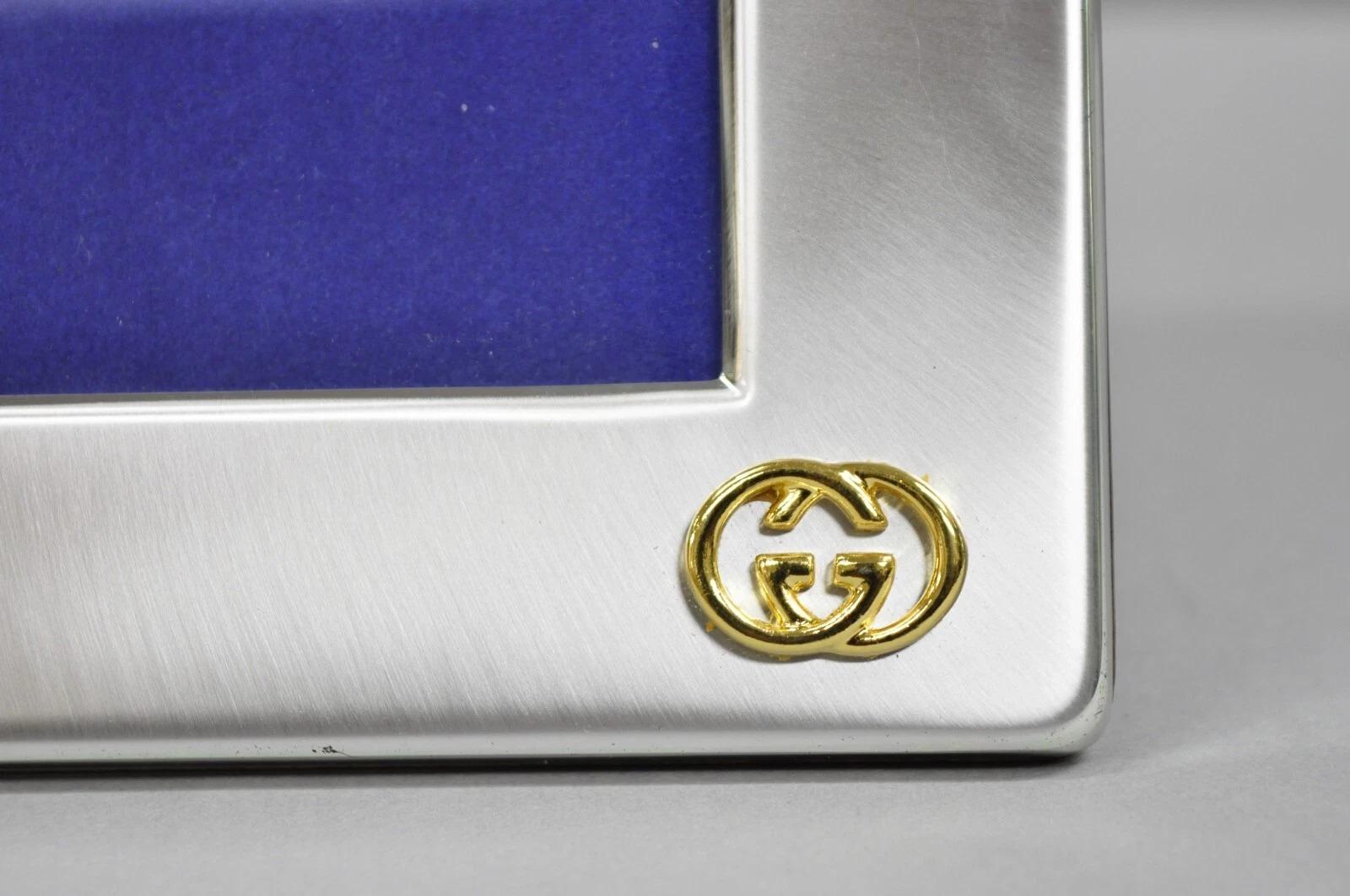 Vintage Gucci Italien gebürstet Silber Gold Double G Monogram Fotorahmen (Unbekannt) im Angebot
