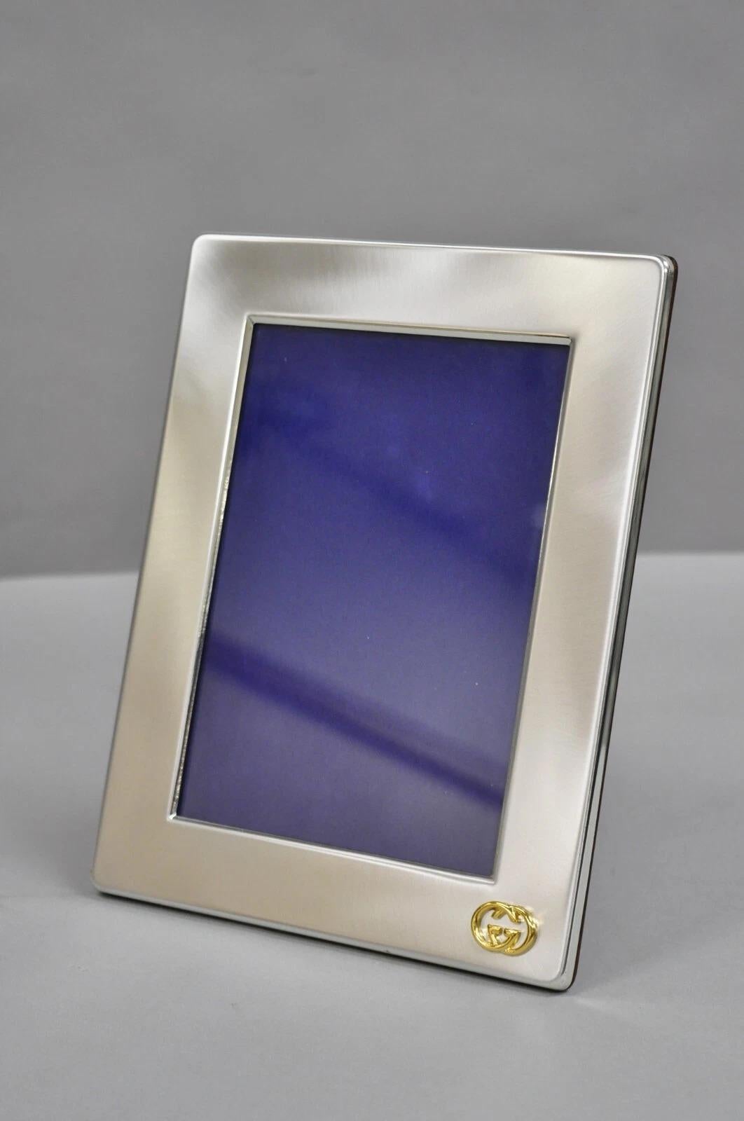 Vintage Gucci Italien gebürstet Silber Gold Double G Monogram Fotorahmen im Angebot 2