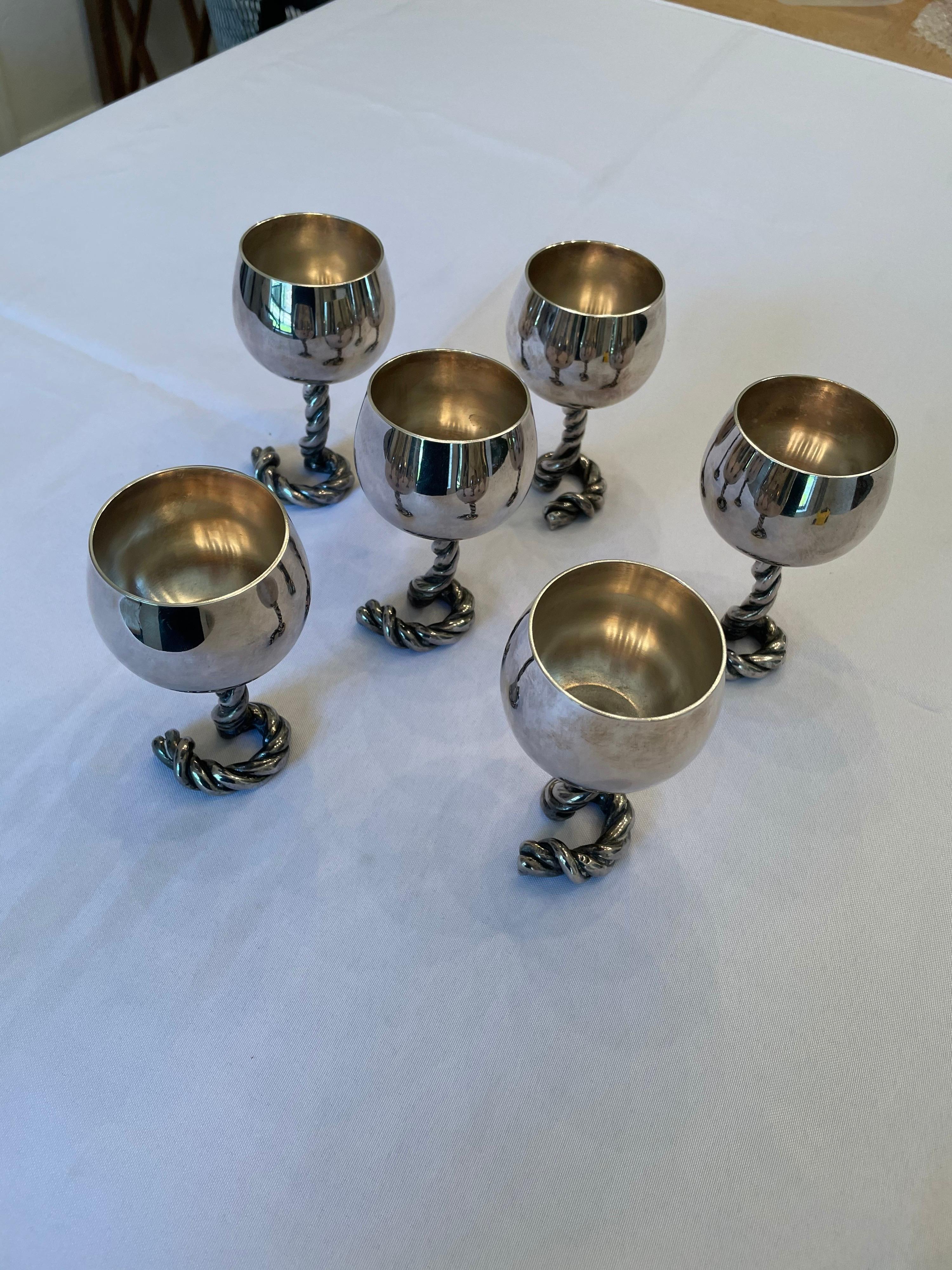 Italian Vintage GUCCI Italy Wine Goblets in Silver-Plate Rope Design, Marked For Sale