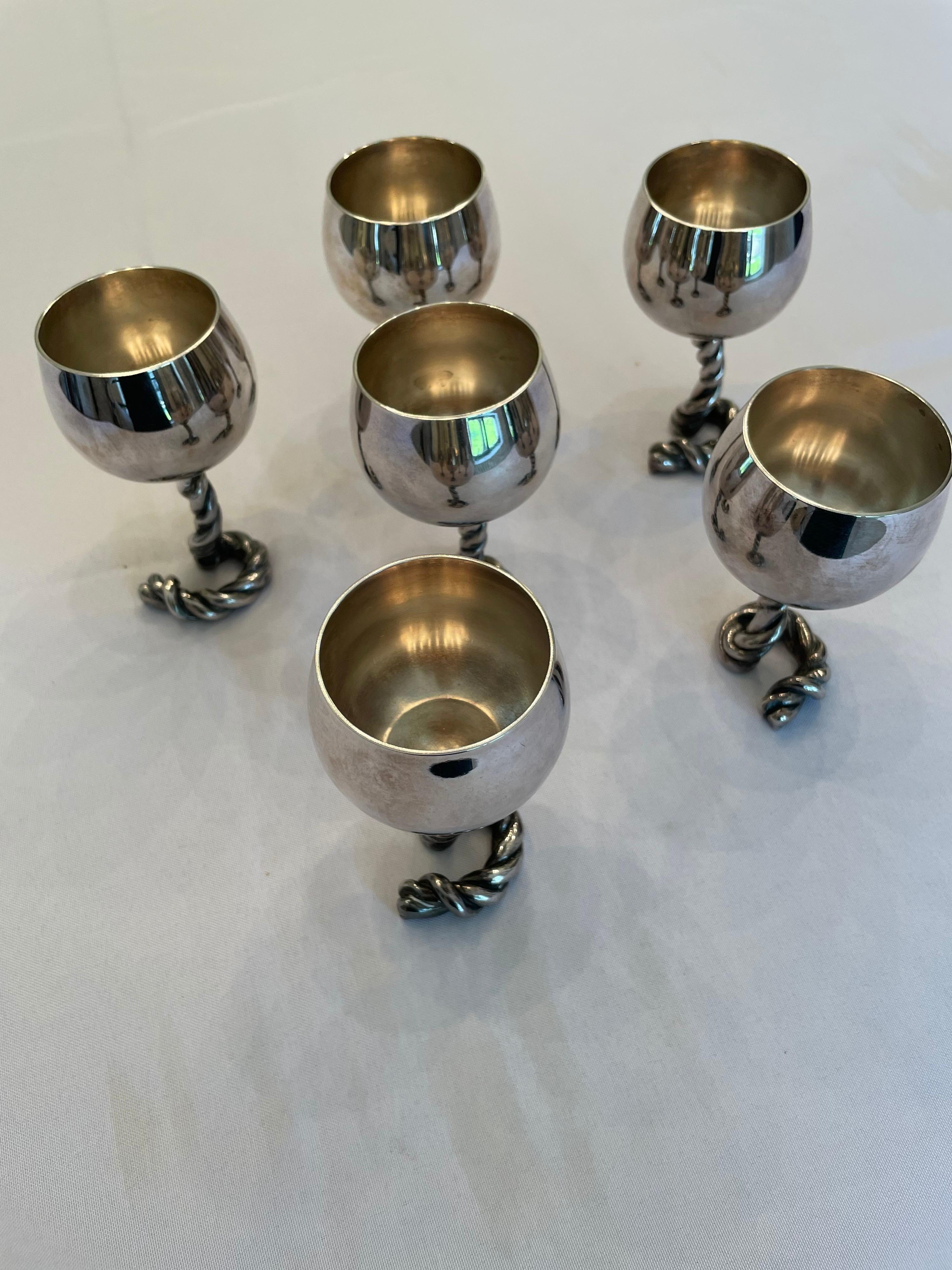 Vintage GUCCI Italy Wine Goblets in Silver-Plate Rope Design, Marked In Good Condition For Sale In East Hampton, NY