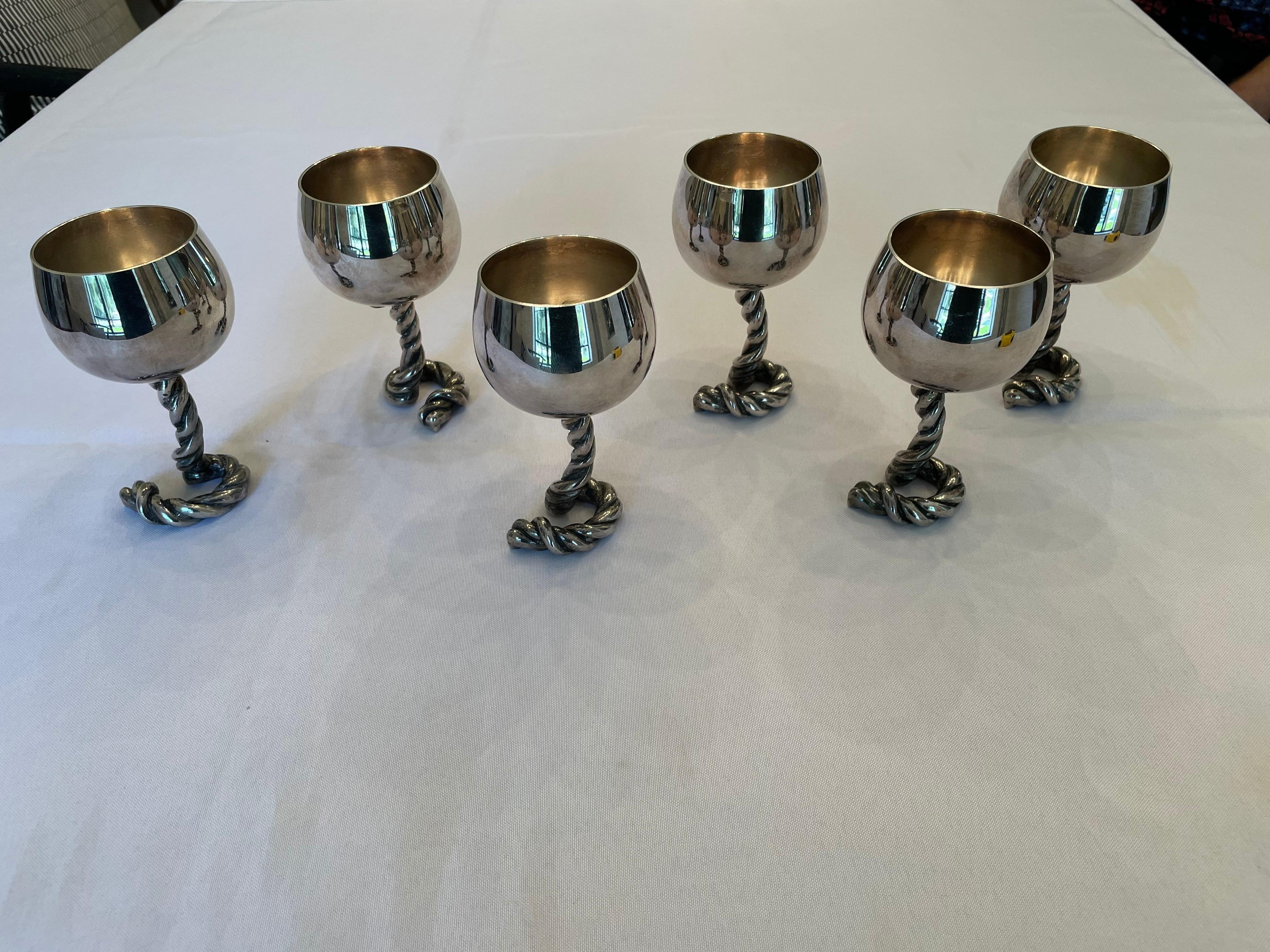 Late 20th Century Vintage GUCCI Italy Wine Goblets in Silver-Plate Rope Design, Marked For Sale