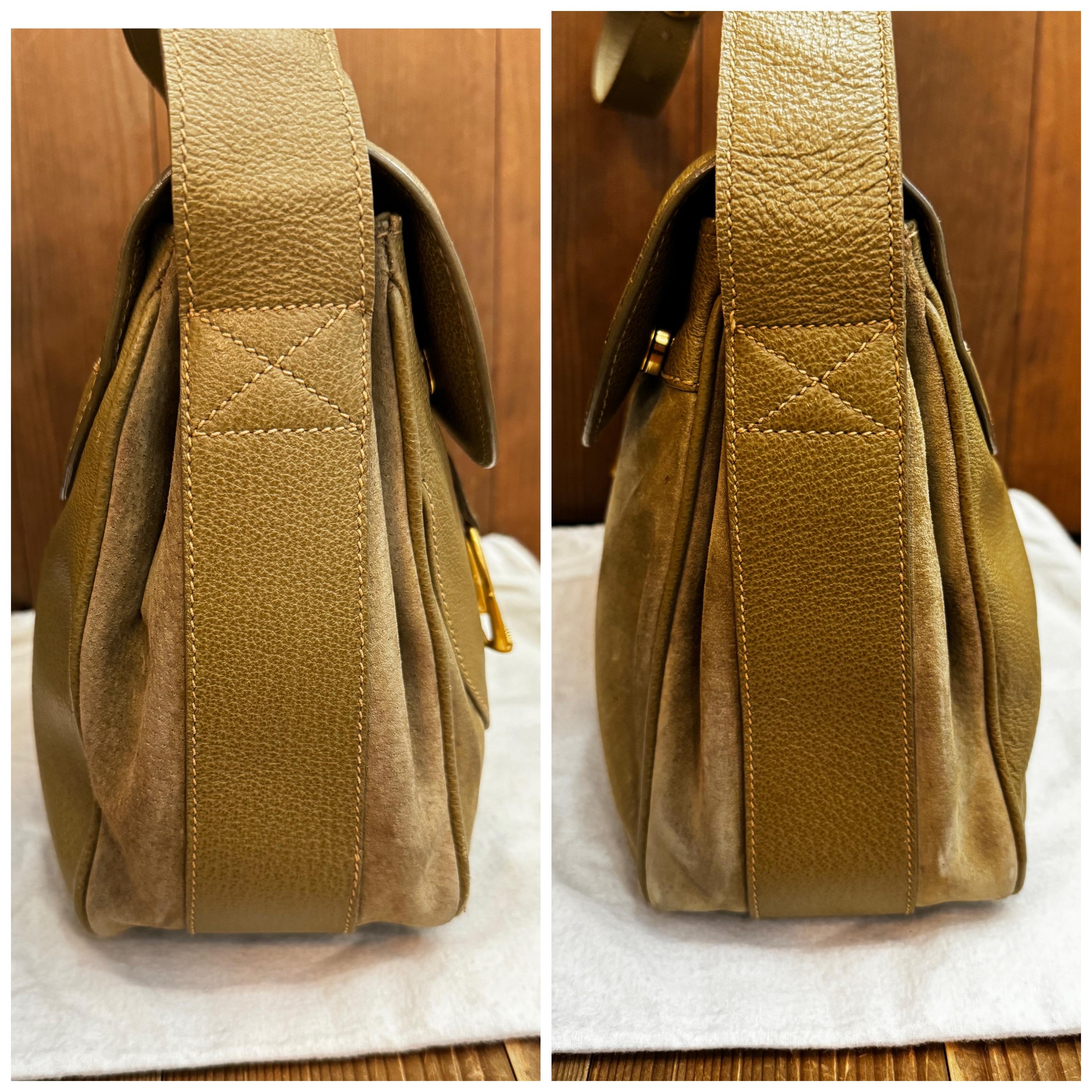 1990s Vintage GUCCI Nubuck Pigskin Leather Saddle Camera Bag Khaki Unisex For Sale 5