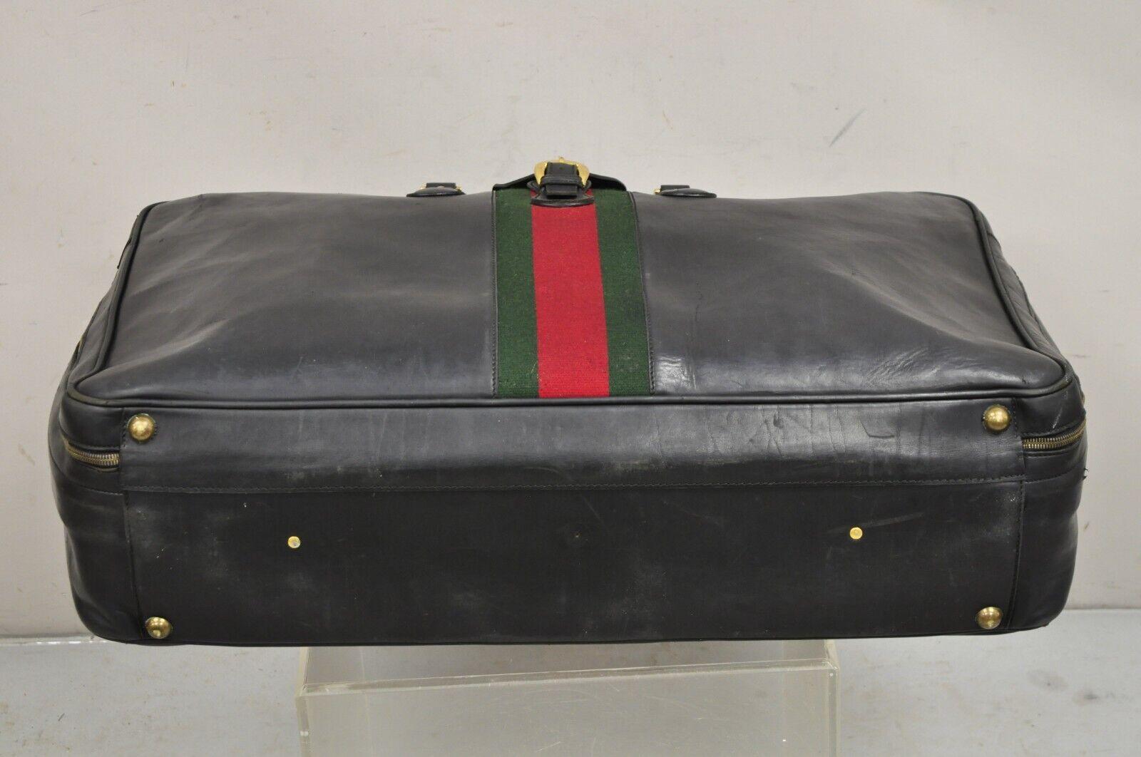 Vintage Gucci Large Black Leather Suitcase Luggage Travel Bag Green Red Webbing For Sale 5