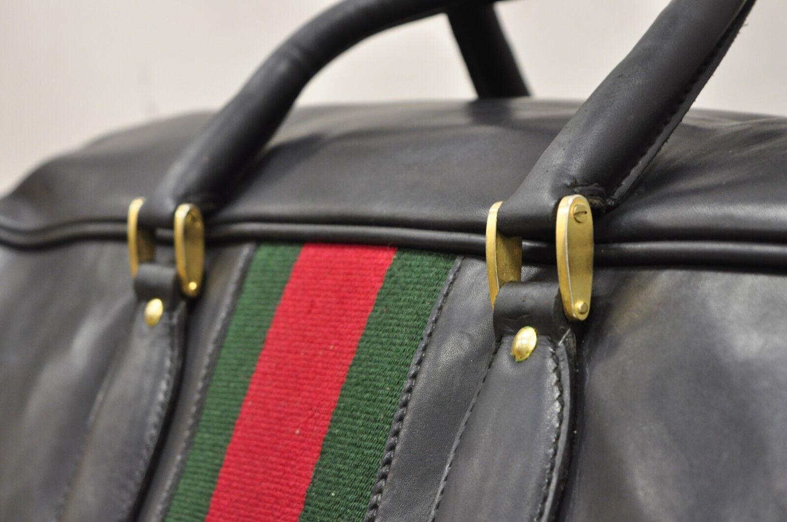 Vintage Gucci Large Black Leather Suitcase Luggage Travel Bag Green Red Webbing en vente 5