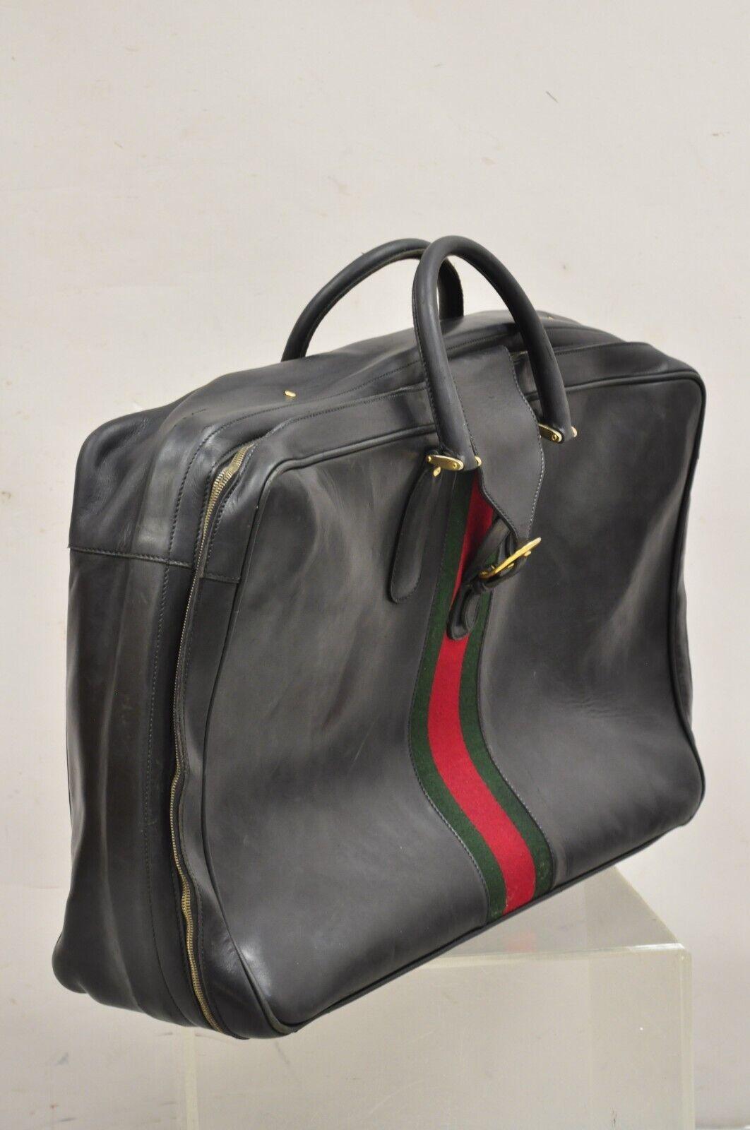 Vintage Gucci Large Black Leather Suitcase Luggage Travel Bag Green Red Webbing en vente 6